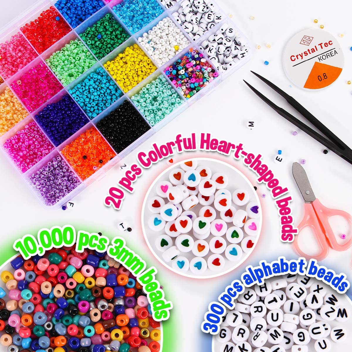 FUNZBO 10000Pcs, 20 Colors 3Mm Glass Seed Beads - Friendship Bracelet Kit, Beads for Bracelet Making Kit & Jewelry Making Kit, Gifts, Crafts for Teens, Kids, Girls, Boys image number 2