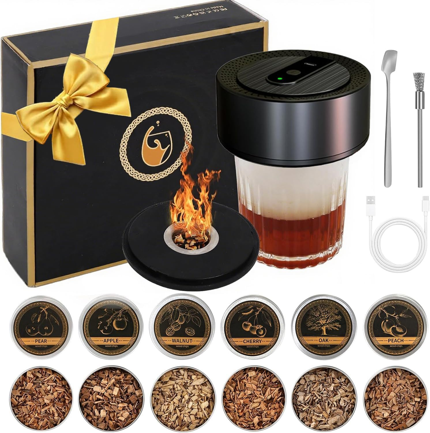 Electric Whiskey Smoker Kit Built-In Lighter,Electric Cocktail Smoker Kit with 6 Flavors Wood Chips,Rechargeable Drink Smoker Kit,No Butane Needed,Bourbon Whiskey Gifts for Men,Dad,Husband Birthday