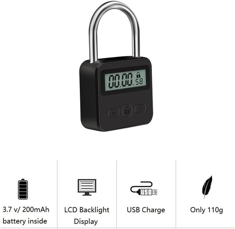 Metal Timer Lock - Electronic Time Padlock with LCD Display - USB Rechargeable (Black) image number 1