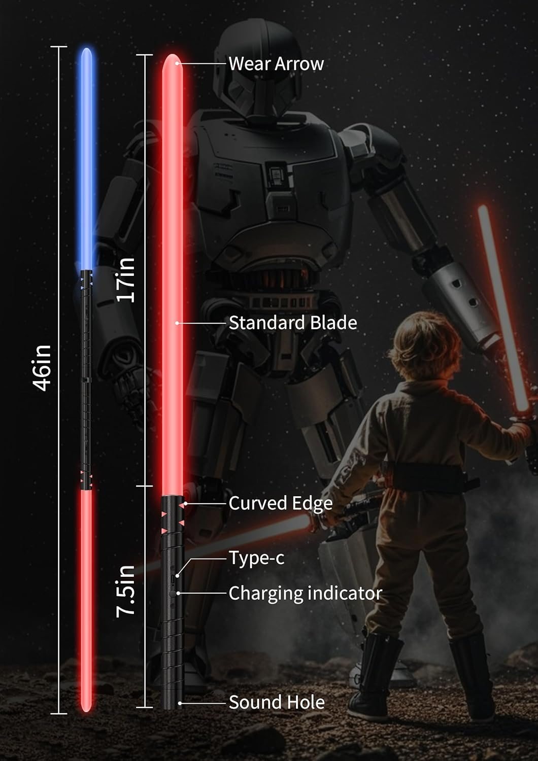 Lightsaber Mini Style, Rechargeable Metal Hilt Dueling Light Saber,2-In-1 Double Blade with & Hilt Vibration Cosplay Toys for Kids,Halloween Birthday Decoration image number 3