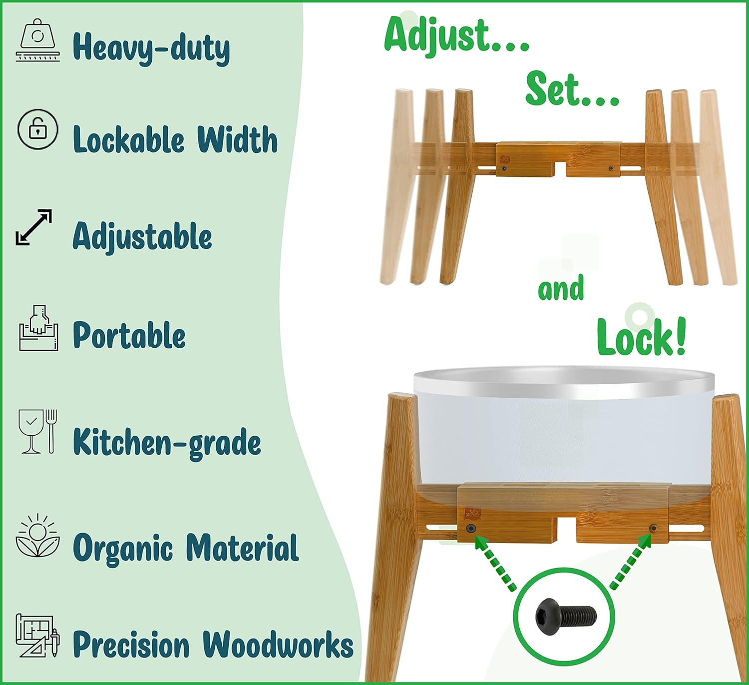 Adjustable Dog Bowl Stand - Raised, Elevated Food Bowl Holder - Width (Extendable 7-10 Inches) - Natural Bamboo