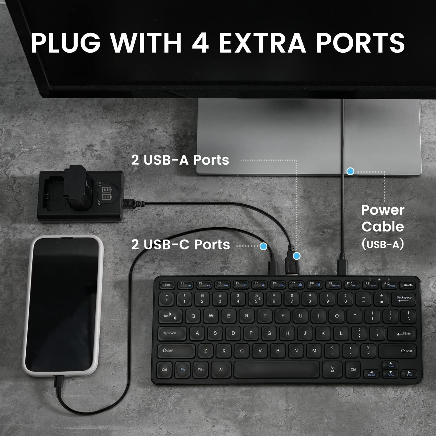 Perixx PERIBOARD-416 Wired Mini USB Keyboard with 4 Hubs - Scissor Keys - Media Keys - US English image number 5