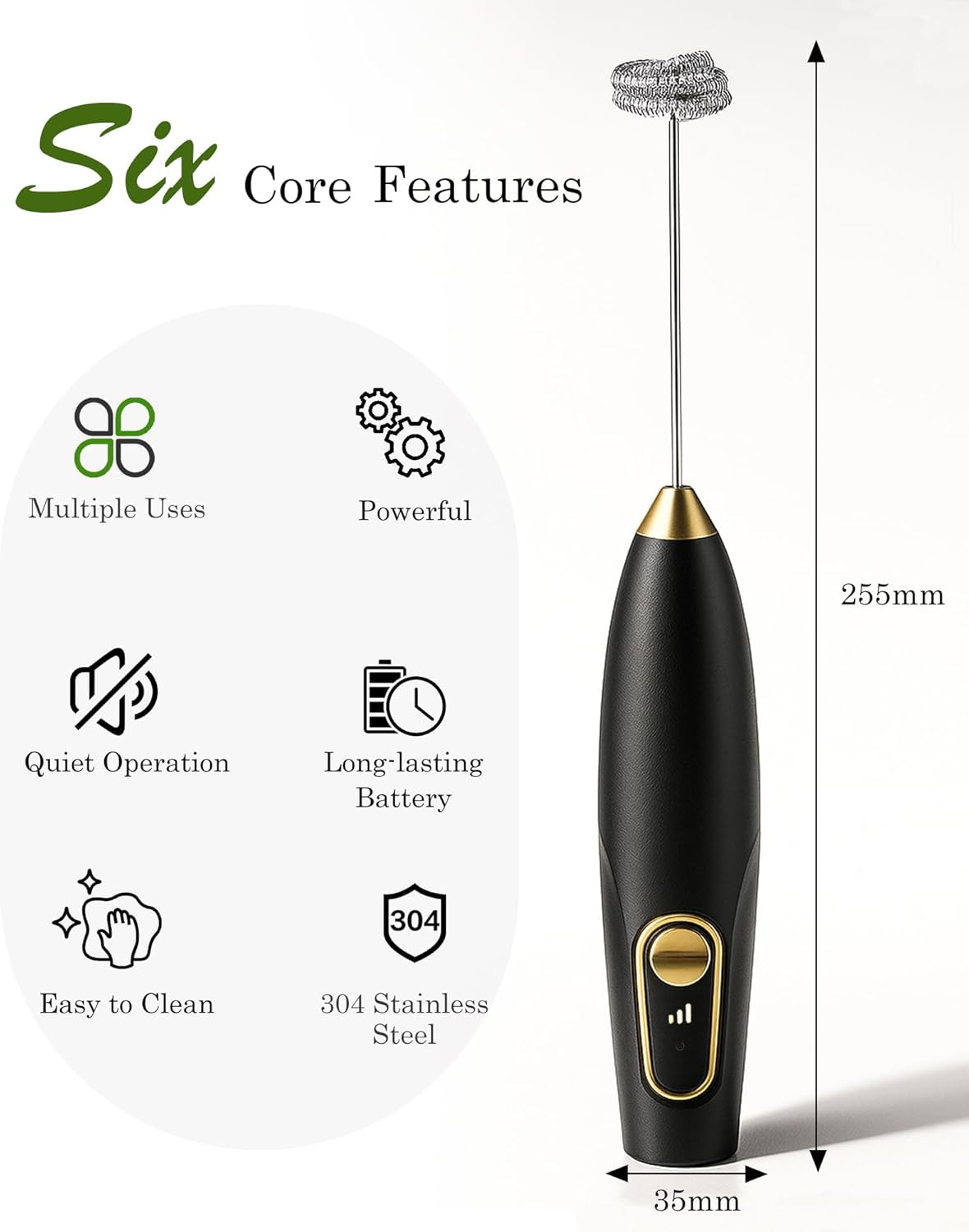 Handheld Milk Frother Rechargeable Electric Drink Mixer Powerful Quiet Operation 3 Speed Settings USB Fast Charging Mini Size (Black with Stand) image number 6