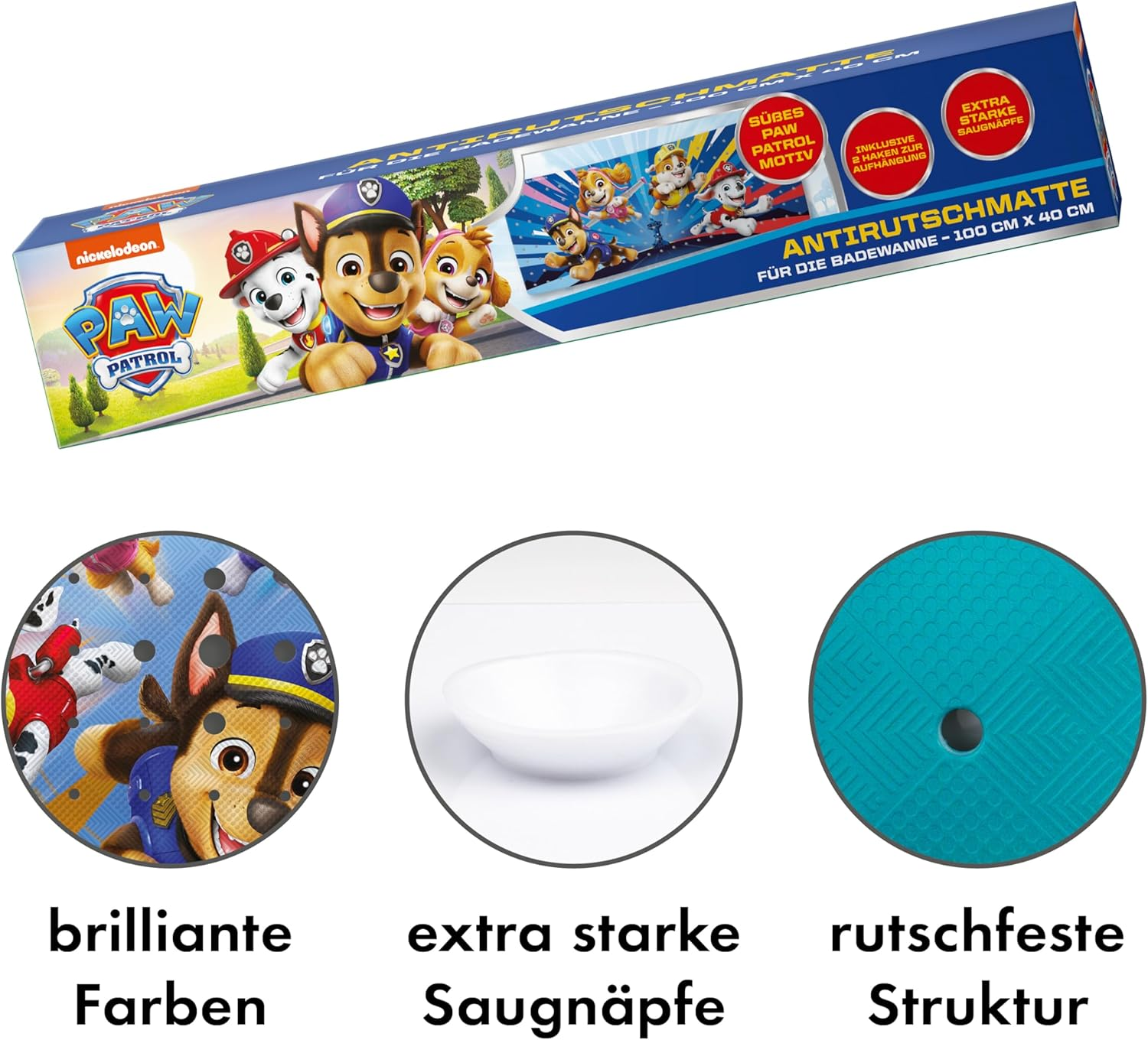 PAW Patrol Non-Slip Bath Mat for Children - Anti-Mould Bath Mat for PAW Patrol Fans, Anti-Bacterial, with Suction Cups, Hangers and Drainage Holes, 100 X 40 Cm image number 4