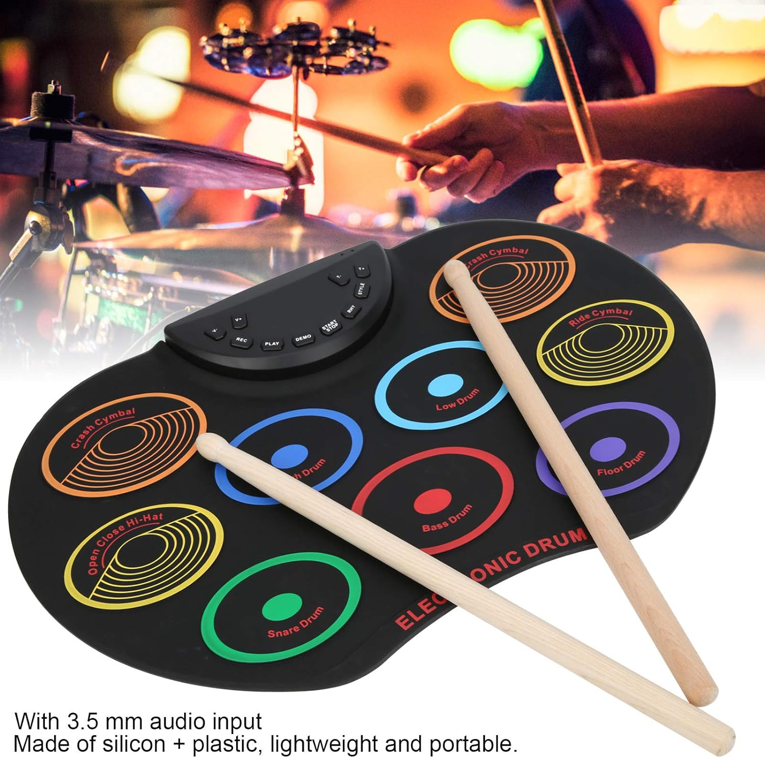 Electronic Drum Set, Portable Foldable Roll up Practice Pads, 3 Tones 12 Rhythms 12 Demo Songs, Built-In Speaker, Pedals, Sticks, Colorful Electric Kit for Beginner Kids image number 4