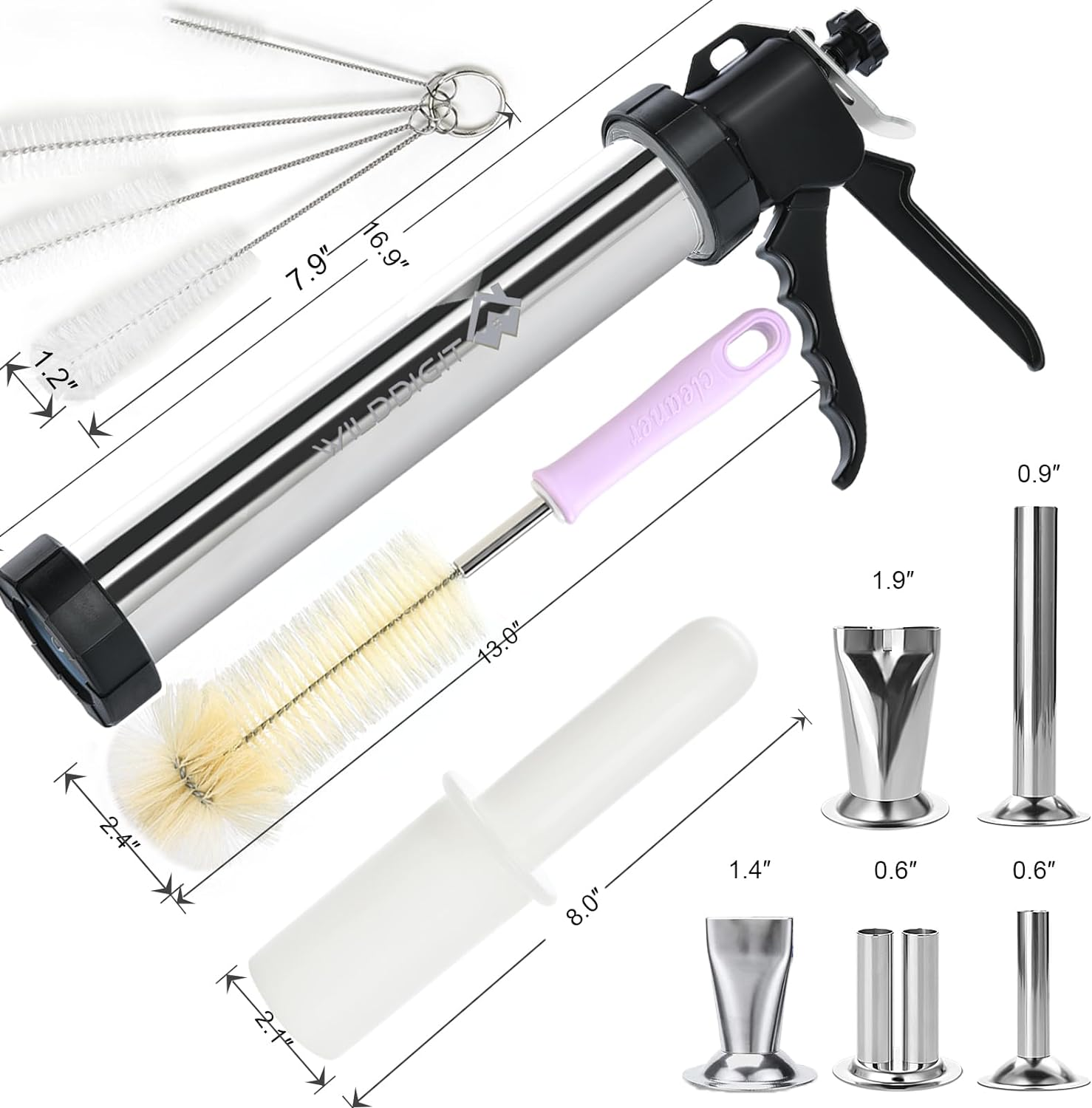 WILDDIGIT 3Rd Gen 2.1 LB Professional Jerky Gun Kits, Sausage Stuffer, Stainless Steel Jerky Maker, Jerky Shooter, Beef Jerky Making Gun with 5 Nozzles, 1 Meat Pusher and 5 Cleaning Brushes image number 5