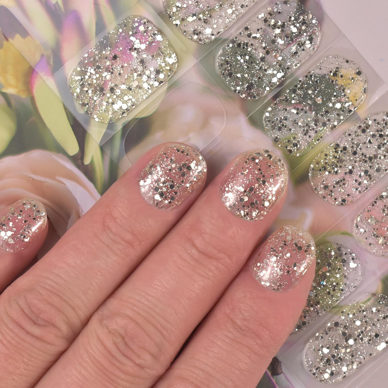 LIFOOST Glitter Gel Nail Strips Clear Nail Art Stickers 20 Extra-Long Gold Sequins Gel Manicure Wraps image number 6