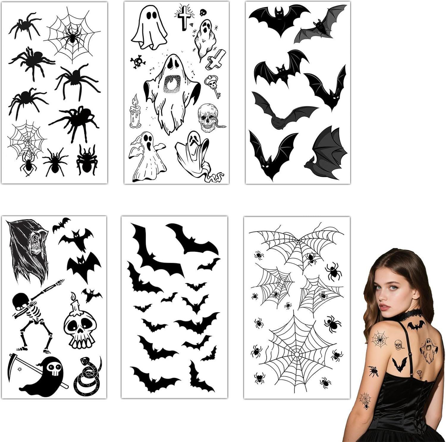 DHWEKU Halloween Tattoo, Spider Tattoos, Temporary Scary Spider Tattoo Stickers for Halloween Party, Costume, Makeup and Decoration, 6 Sheets, Ideal for Women, Men and Children