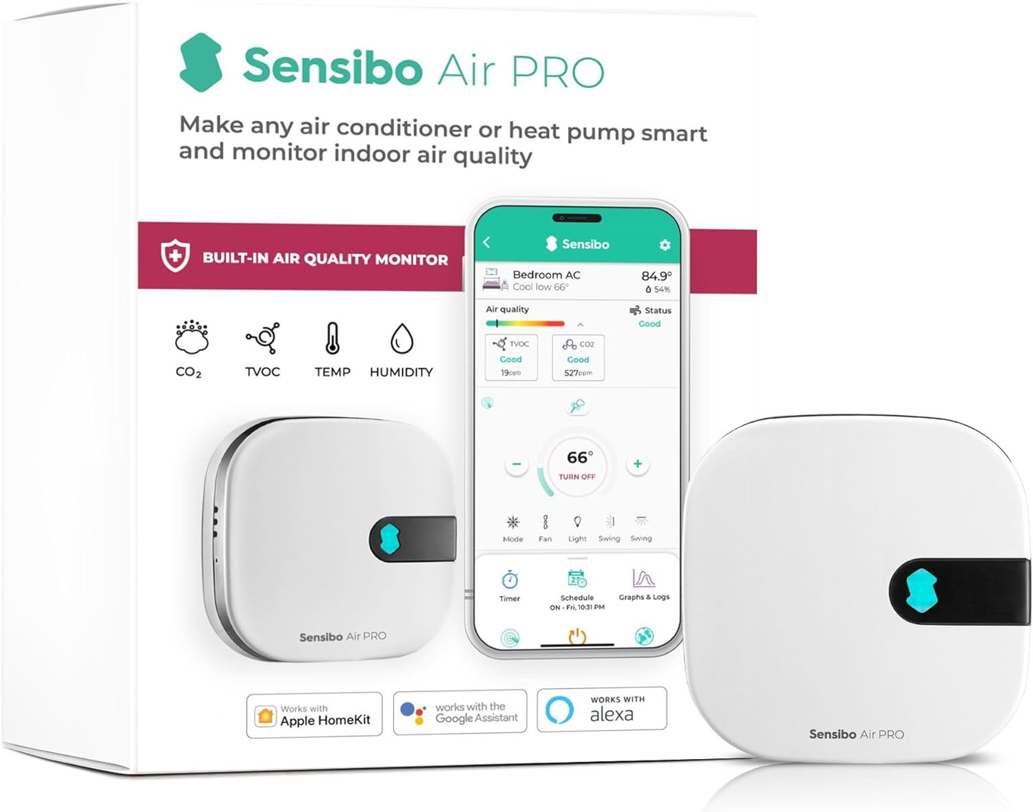 Sensibo Air PRO - Smart AC Controller with an Air Quality Sensor. Detecting Indoor Air Quality. Maintains Comfort and Saves Energy. Works with Amazon Echo, Google Home, & Apple Homekit. Known as Airq image number 4
