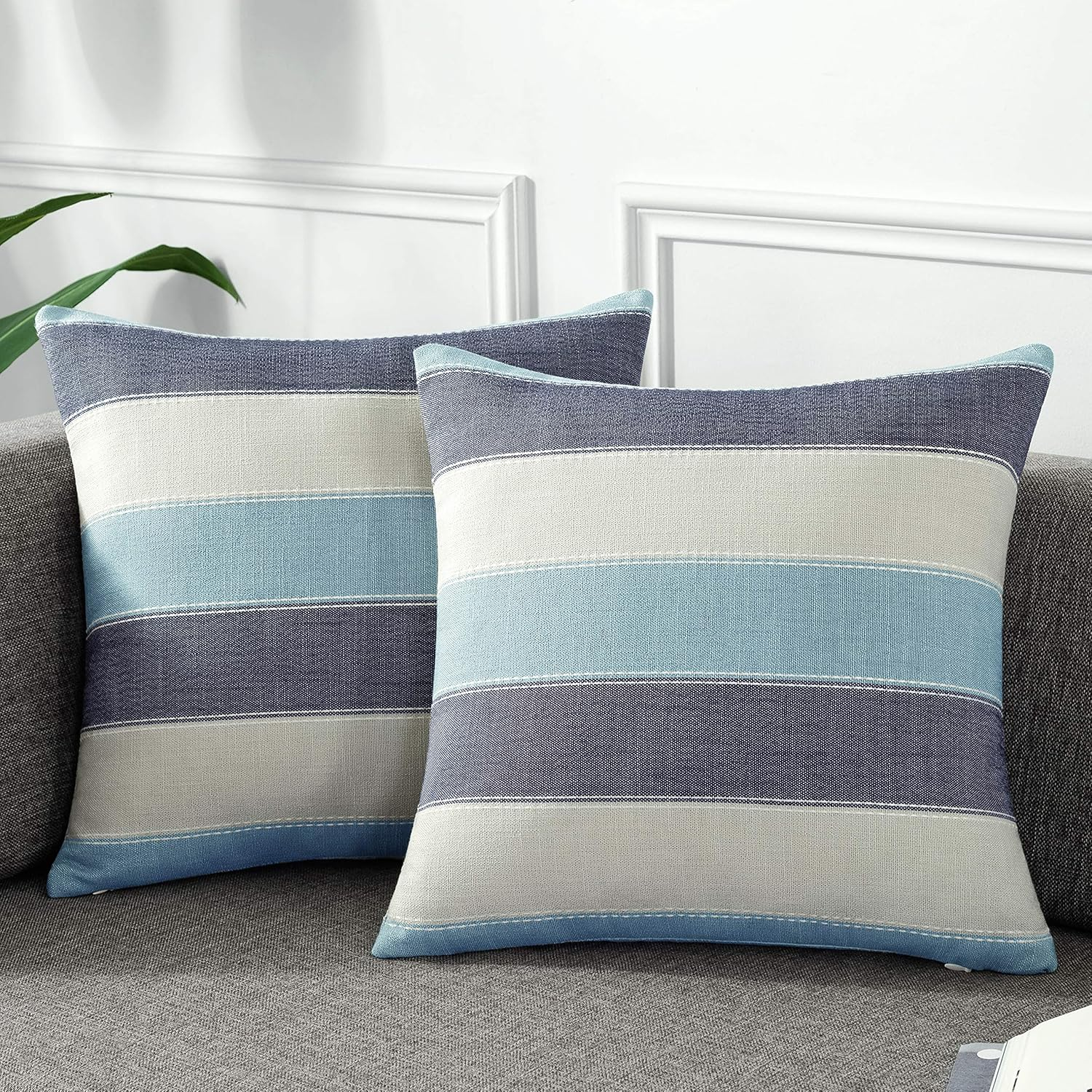 Amhoo Pack of 2 Farmhouse Stripe Check Throw Pillow Covers Set Case Cotton Linen Decorative Pillowcases Cushion Cover for Couch Bench Sofa 18X18Inch Light Grey Beige