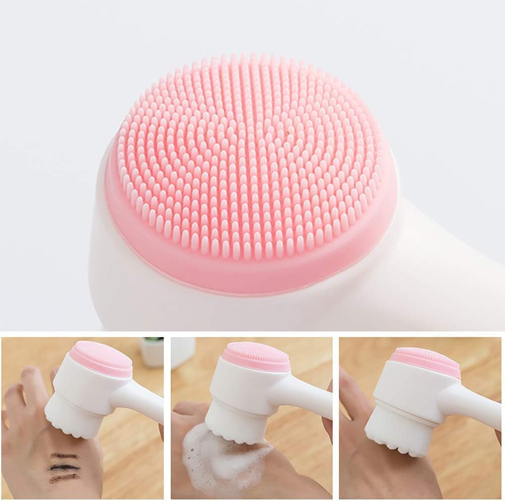 Double Sides Face Brush, 3D Stand Vertical Silicone Facial Wash Brush, 2 in 1 Facial Cleansing Brush Manual Dual-Action Face Brush for Acne, Clogged Enlarged Pores Sensitive Delicate, Dry Skins (Blue) (Pink) image number 2