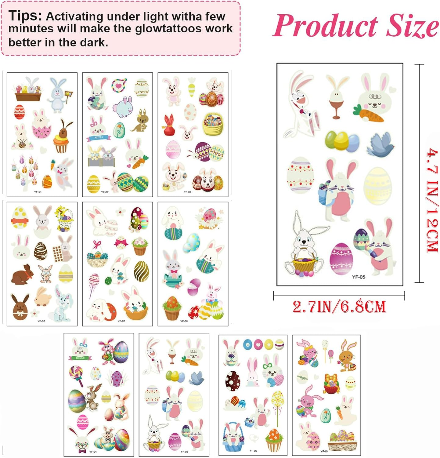 Custelen 100 Pieces Glow-In-The-Dark Easter Temporary Tattoos for Kids - Bunny, Gnome, and Easter Eggs Stickers - 10 Sheets of Waterproof Luminous Tattoo Party Favors image number 4