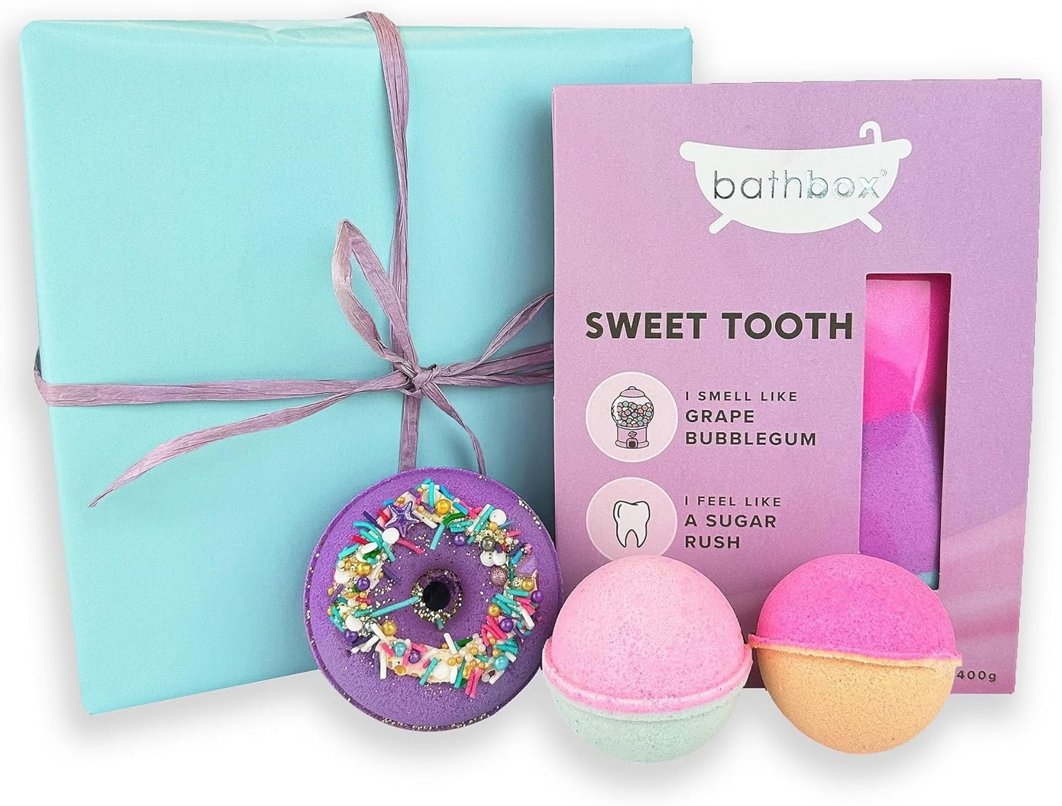 BATH BOX Bubblegum Gift Set, Bubble Bath Bombs, Bath Dust Soak, Natural & Handmade in Australia, Cotton Candy & Bubblegum, Fun Bath Fizz for Kids & Adults, 4 Piece Hamper Gift Box