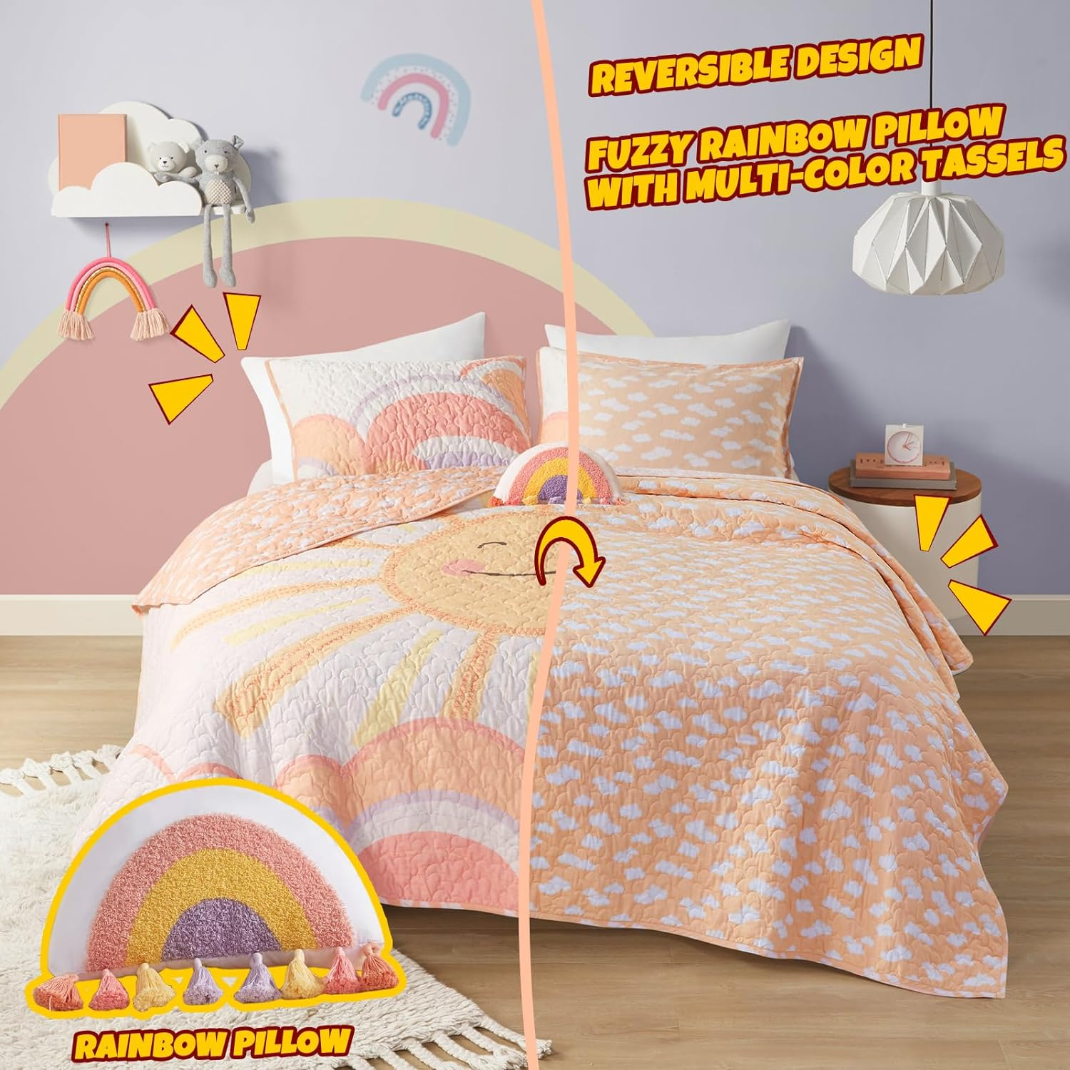 Urban Habitat Kids Twin Quilt Bedding Set Twin Coverlet Cotton Coverlet Sun Girls Twin Bedding Set Rainbow & Clouds Reversible Dawn Light & Breathable Sham Throw Pillow Twin Yellow/Coral 3 Piece image number 2