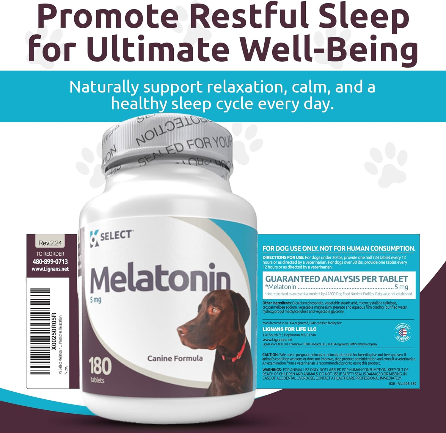 K9 Select Melatonin for Dogs - Calming Aid Tasty Dog Supplement - Helps Overall Health with Quiet Moments and Composure - Reduce Stress Calming Treats for Large Dogs - 5 Mg, 180 Tablets image number 1