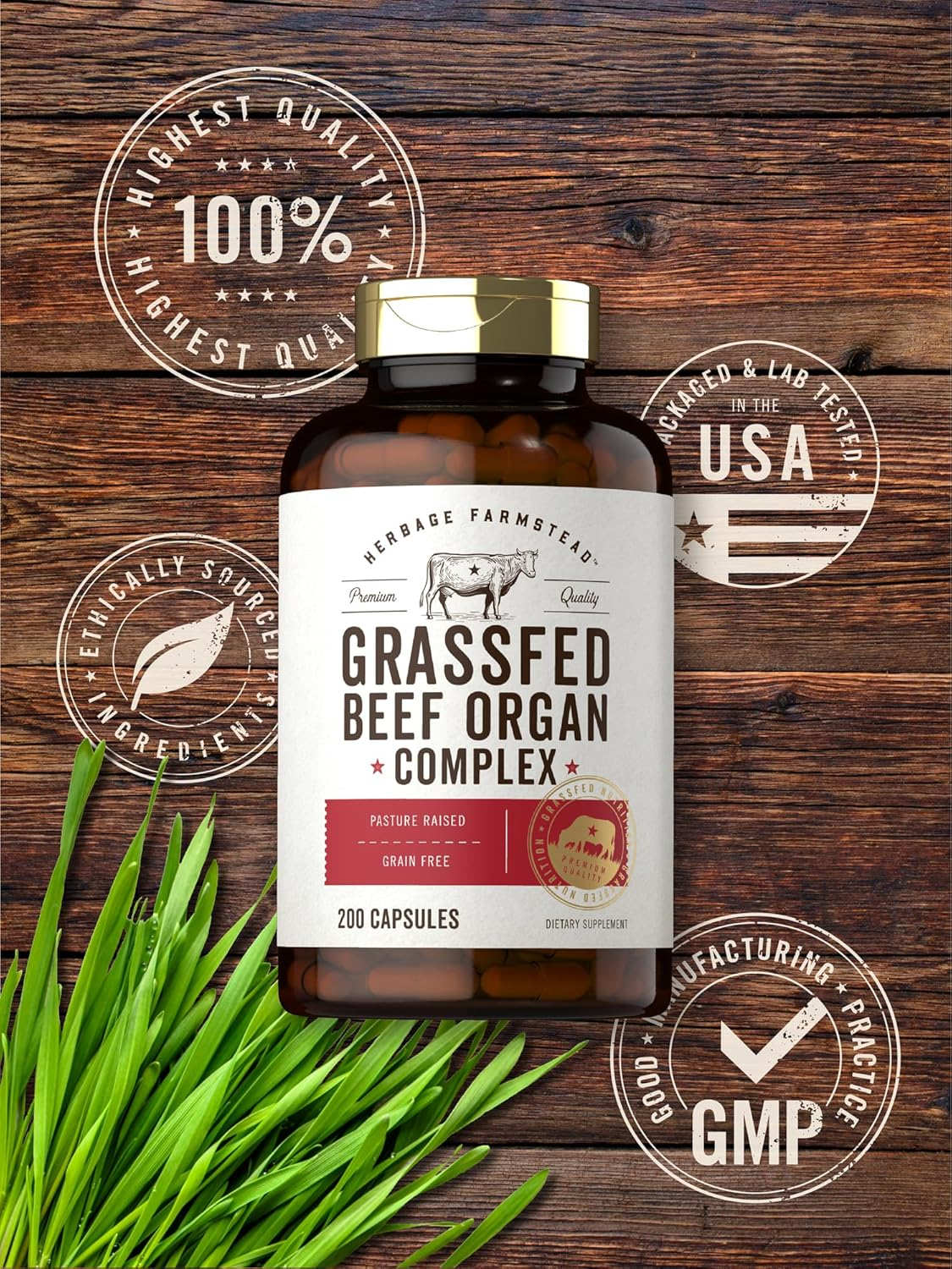 Grassfed Beef Organs Capsules 3250Mg | 200 Count | Desiccated Liver, Kidney, Pancreas, Heart, Spleen Supplement | Non-Gmo, Gluten Free | by Herbage Farmstead