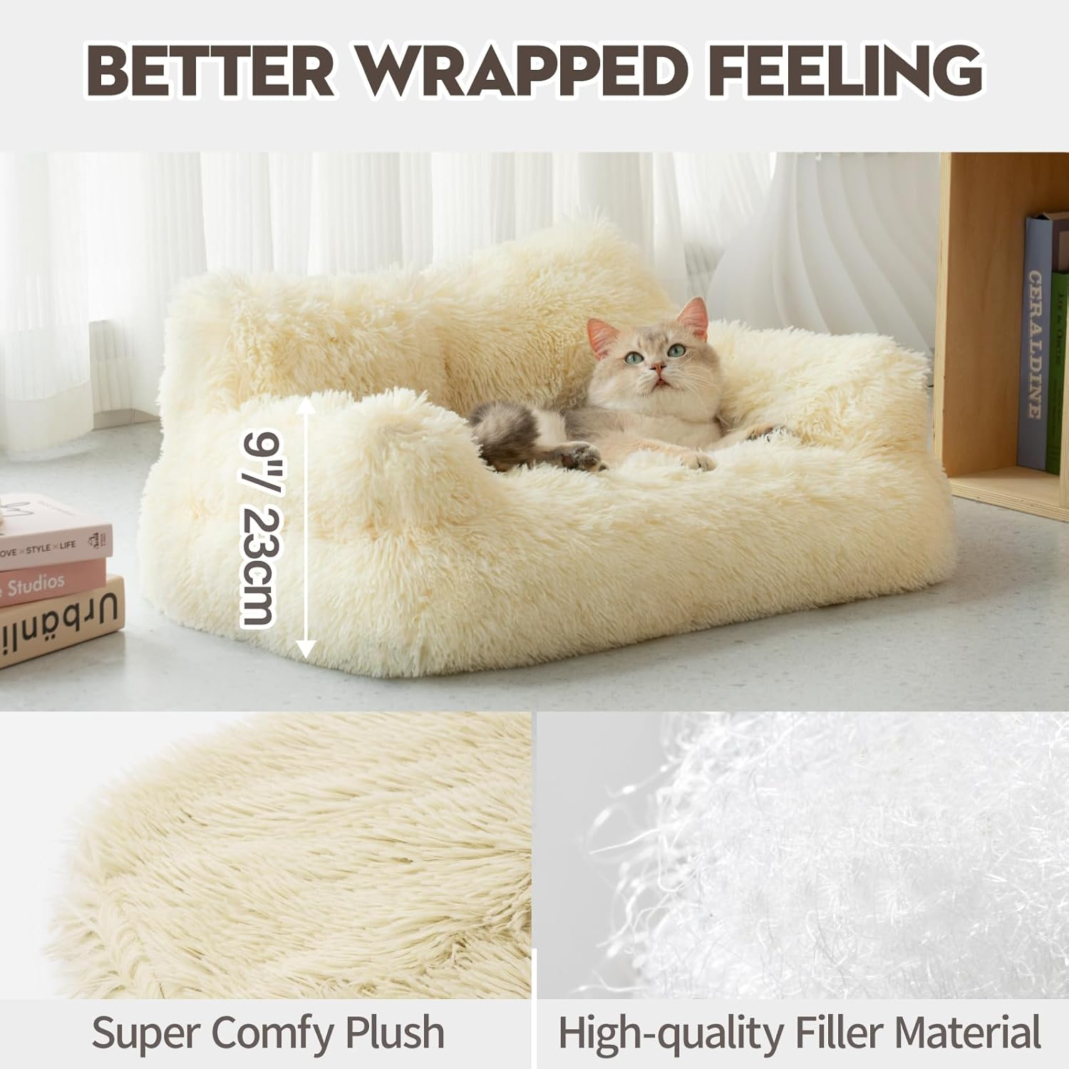 Mewoo Pet Bed for Cats & Small Dogs, Washable Puppy Sleeping Bed Cat Couch Pet Sofa Bed, Soft Calming Cat Sofa Beds for Indoor Cats Anti-Slip Bottom (Beige)
