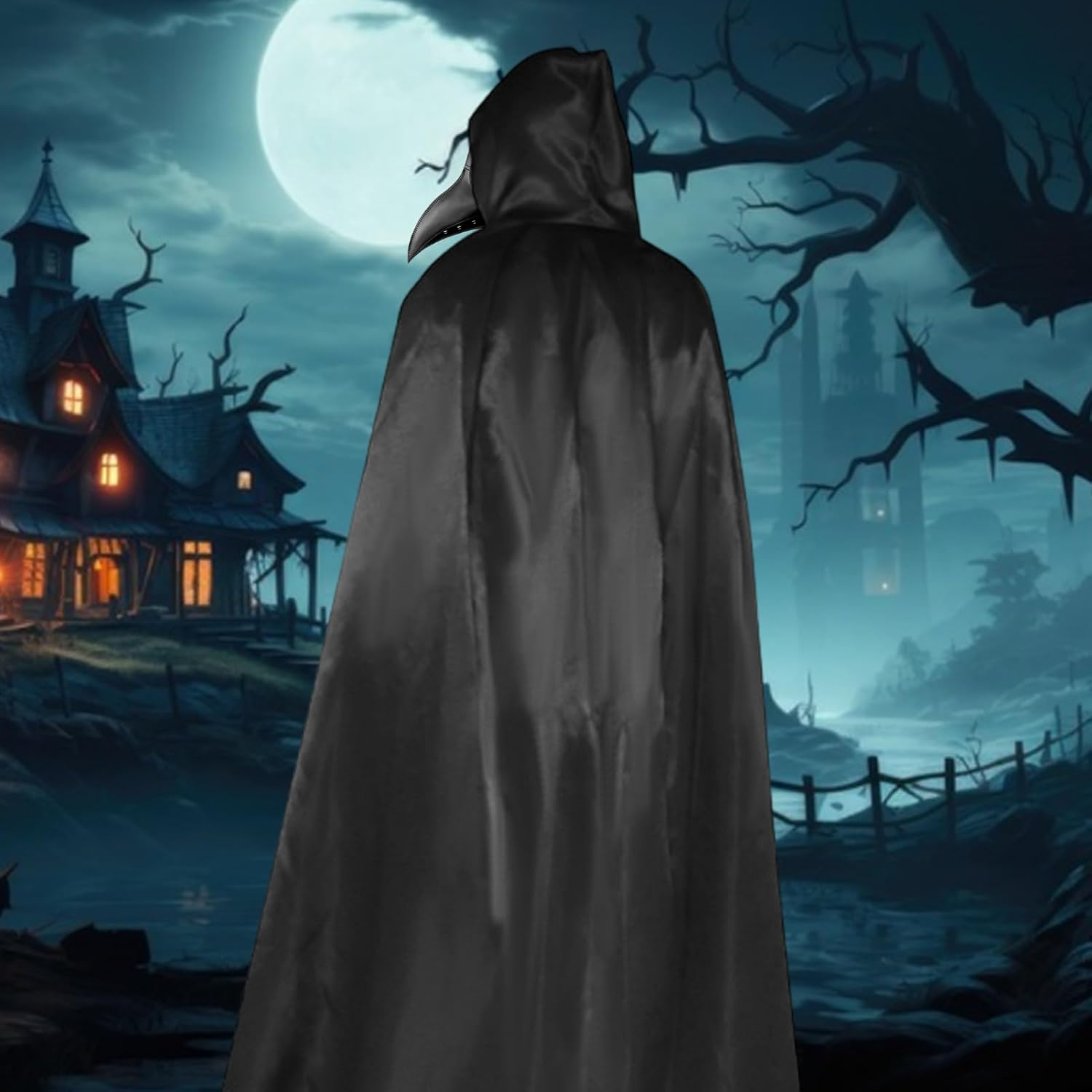 Plague Doctor Costume, Black Plague Doctor Costume Set with Mask Cloak Hat Scepter Necklace Gloves, Halloween Costume Cosplay