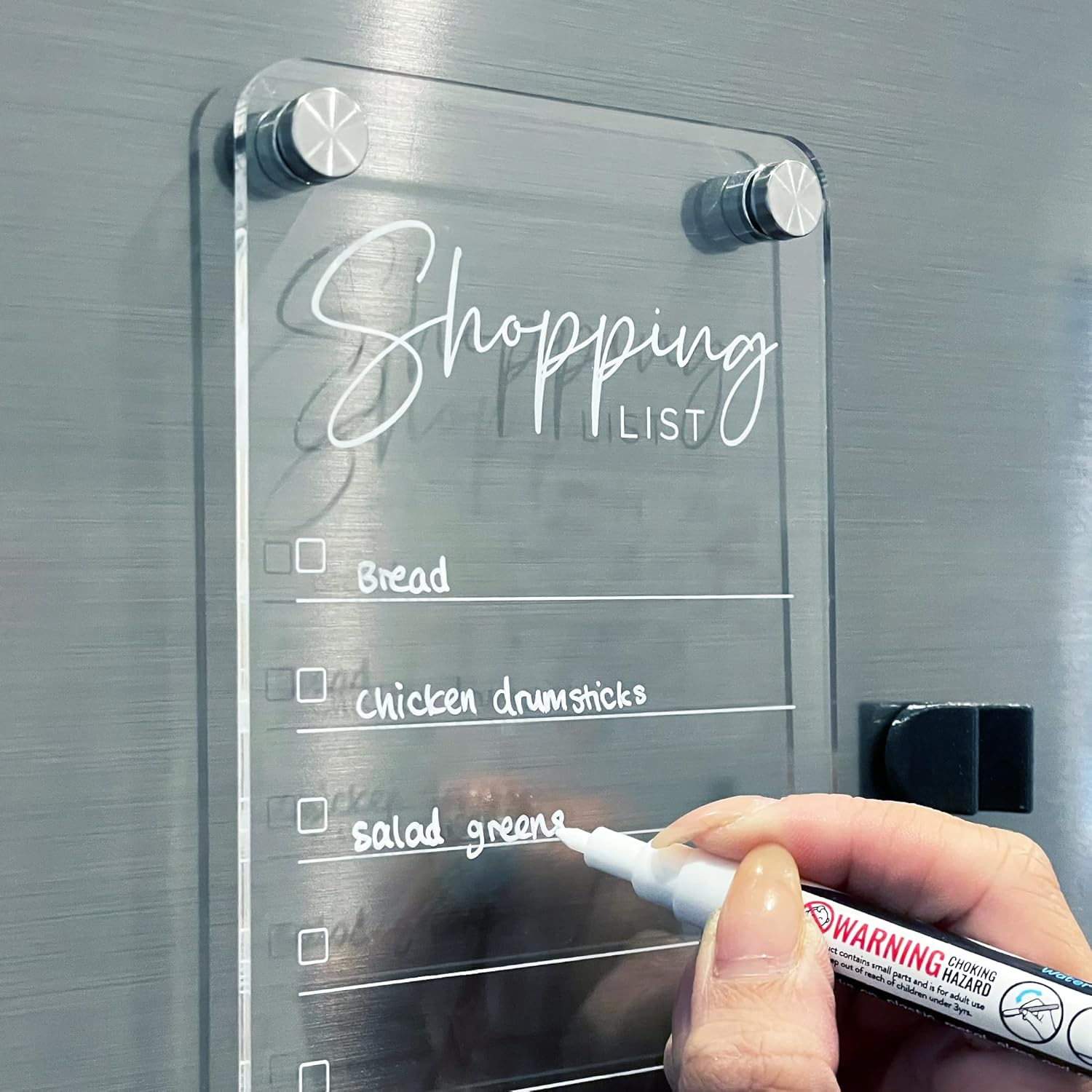 Magnetic Acrylic Shopping List Whiteboard 30Cm X 10.5Cm - Clear Dry Erase Checklist Board for Fridge - Includes White Chalk Pen & Magnetic Pen Holder
