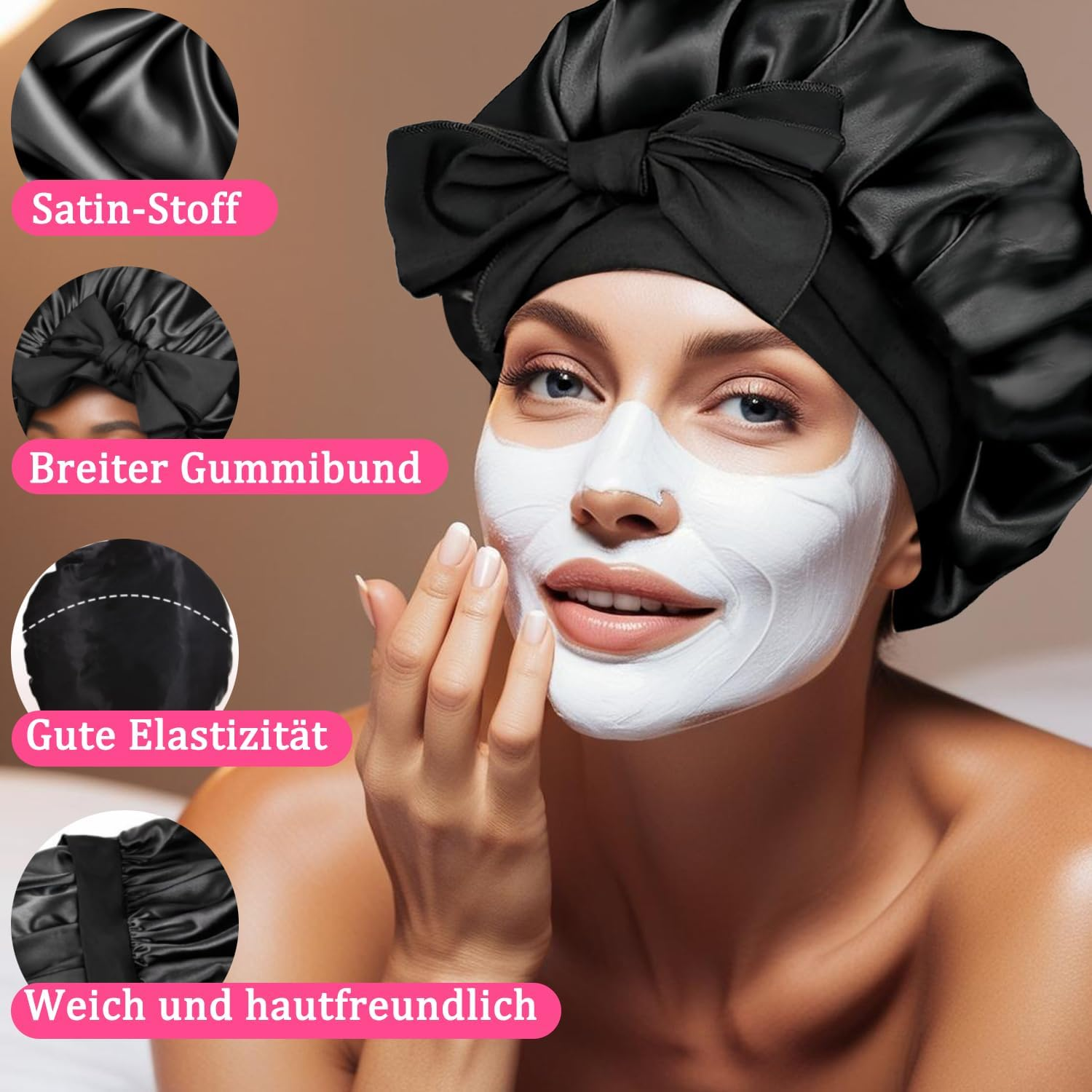 FOLAI Sleep Cap, Satin Bonnet, Silk Hood for Sleeping, Night Sleep Hat, Adjustable Sleep Cap, Headgear, Soft Headband, Sleep Cap, Silk with Elastic Band for Women and Girls (Black), Black, 58 image number 3