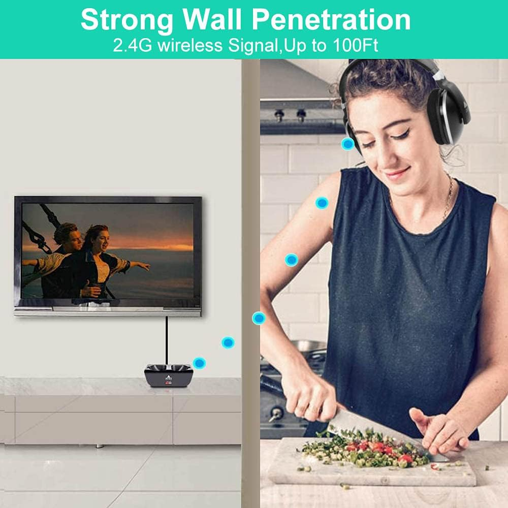 Wireless TV Headphones over Ear, Monodeal Digital Stereo Headsets with Charging Dock, 2.4Ghz RF Transmitter, NO Latency 20H Playtime, for TV PC Mobile MP3 - Black image number 3