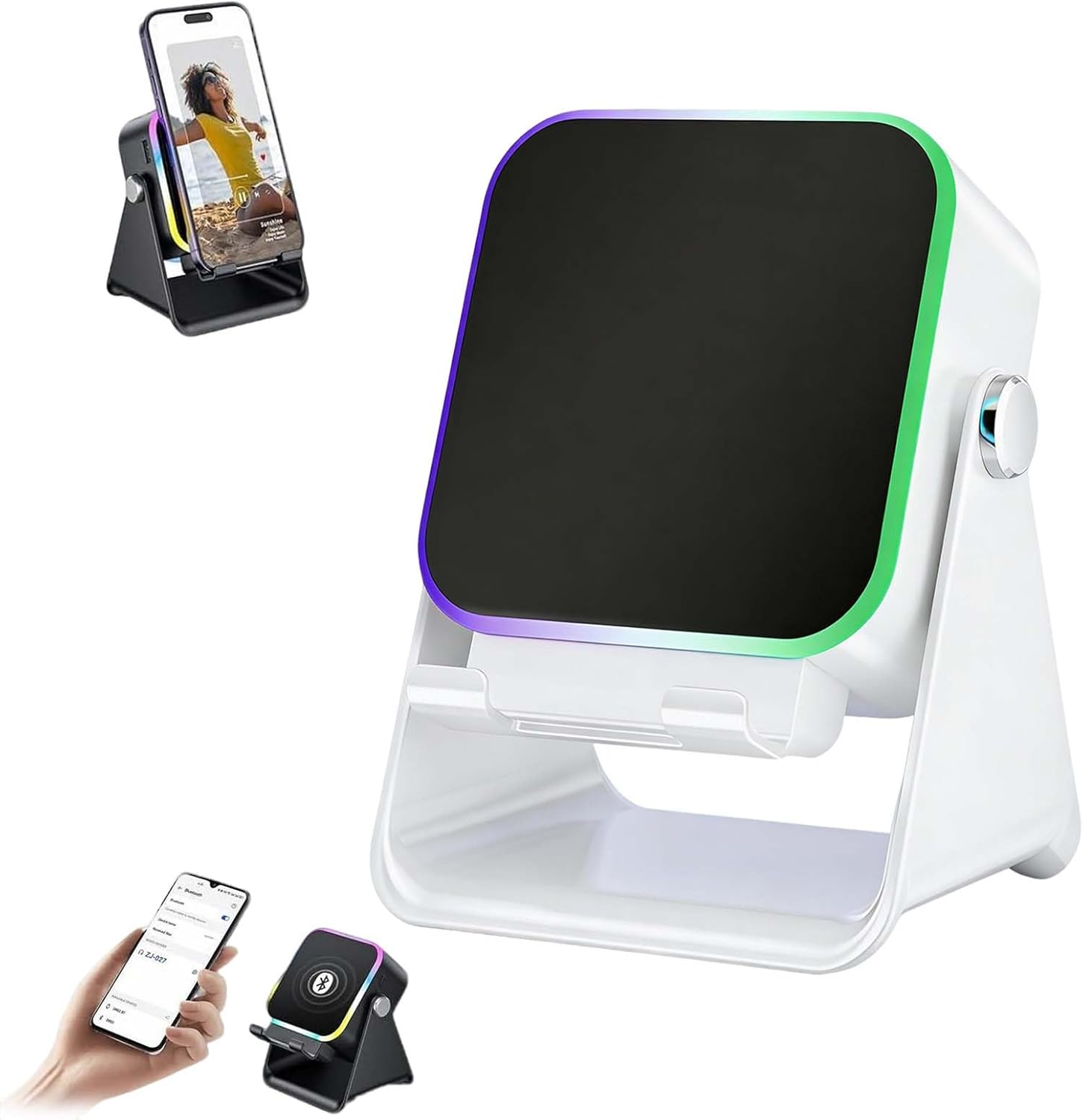 TKTCO 5-In-1 Wireless Induction Bluetooth Speaker with Adjustable Phone Stand with 8 RGB Ambient Light, Universal for Phone/Pad - Home/Office Leisure Audio Player (White)