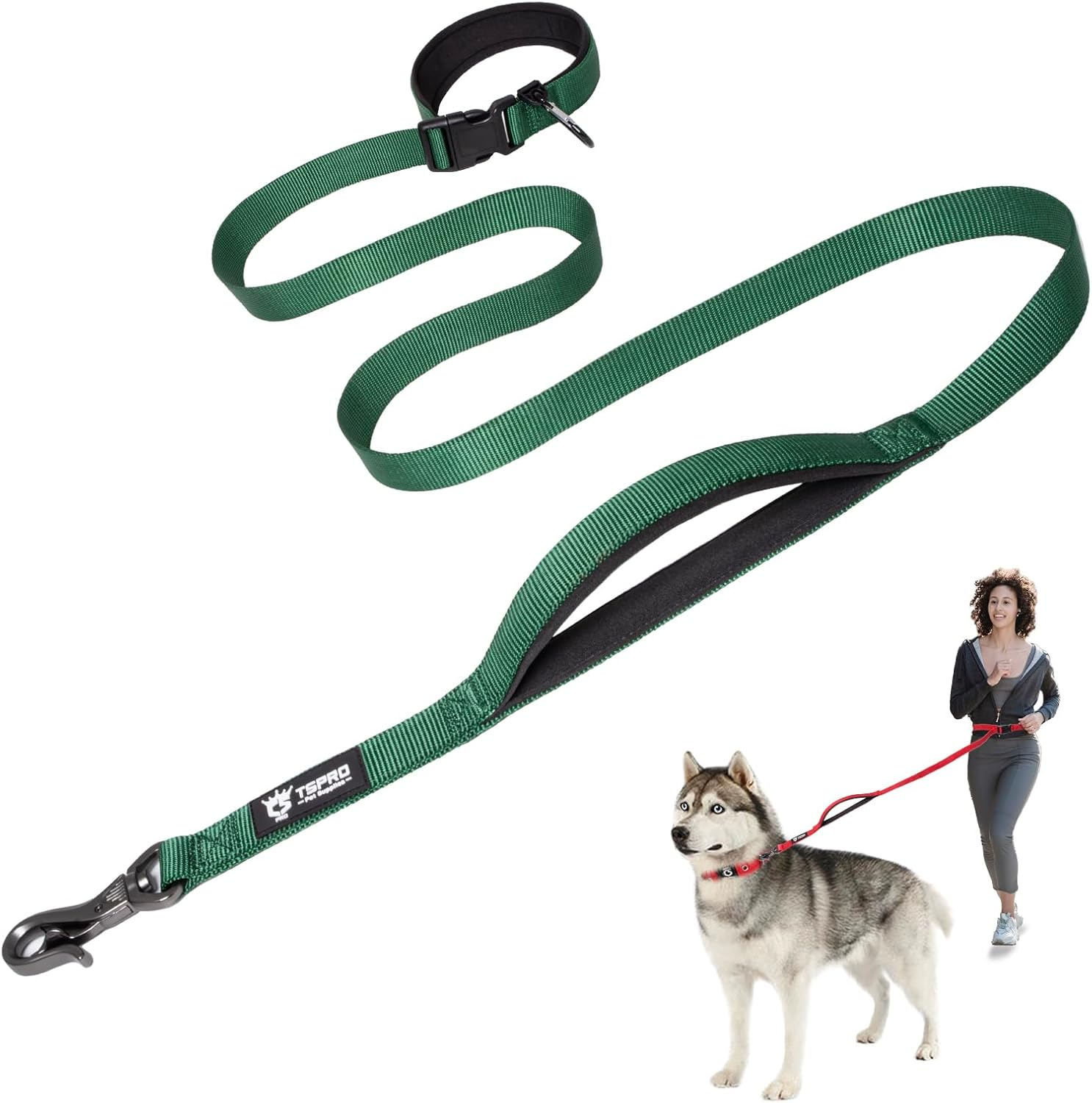 TSPRO Hands Free Dog Leash for Medium to Large Dogs, Adjustable Durable Leash with Comfortable Safety Padded Handle, Heavy Duty Metal Clasp for Walking, Running, Training (Tactical Green)