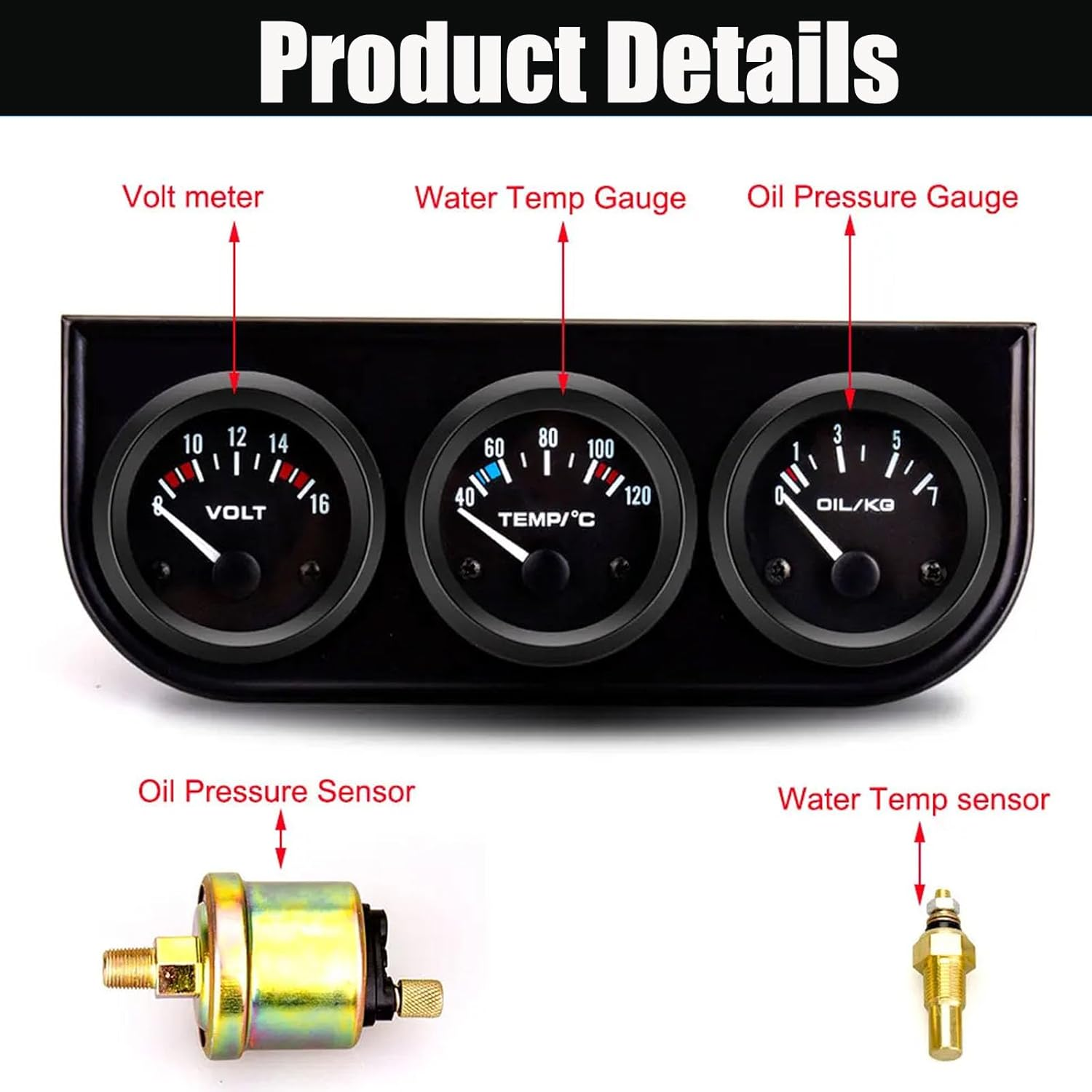 BYYOUIV 52Mm 3-In-1 Car Gauge Kit - Voltage Meter, Water Temperature, and Oil Pressure Gauges - Auto Dashboard Triple Gauge Set for 12V Cars image number 2
