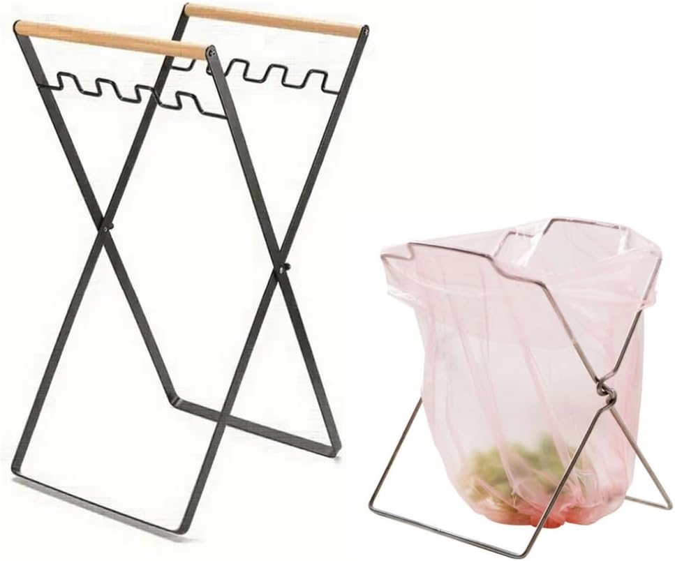 2 Pcs Portable Trash Holder,Outdoor Barbecue Garbage Rack, Camping Garbage Bag Rack, Folded Plastic Bag Holder, Stainless Steel Hanging Rack, with Wooden Handle Iron Art Rubbish Bag Hanging Bracket image number 1