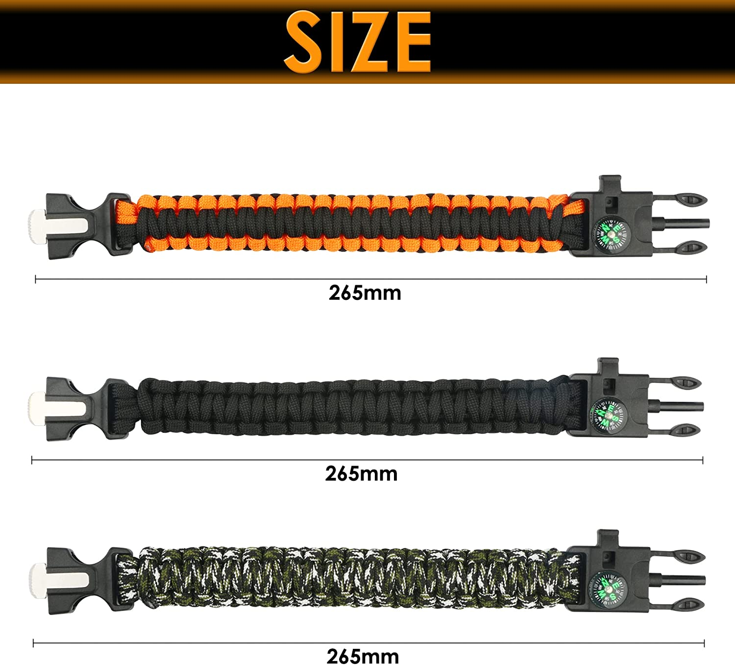 Paracord Bracelet (3 Pack) Kit Outdoor Survival Bracelet Camping Hiking Gear，Multitools, Fire Starter, Compass, and Whistle image number 2