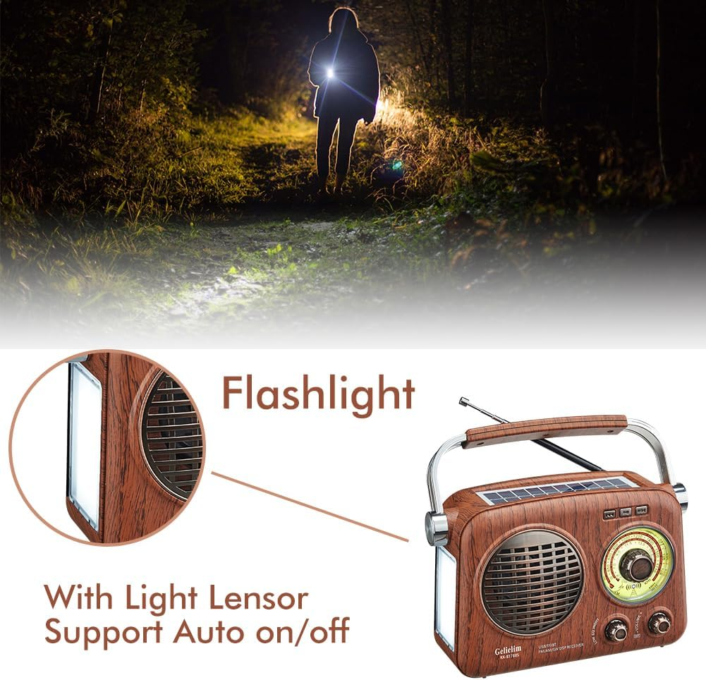 Gelielim Portable Radio Retro, AM FM Shortable Radio with Best Reception, Small Vintage Radio with Bluetooth Speaker, Rechargeable/Solar/Battery Radio, Supports TF Card/Usb Player, Emergency Torch image number 3