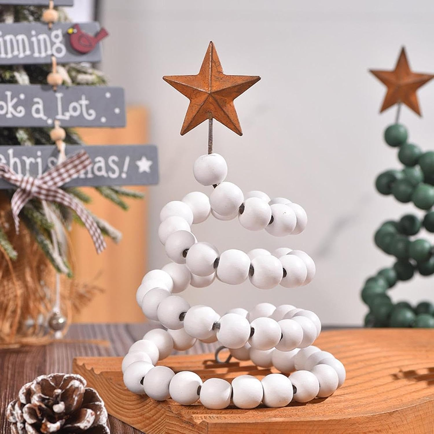 Mini Desk Christmas Tree, Wooden Bead Decorative Xmas Tree with Star Topper for Mantel,Birthday,Bedroom,Wedding,Holiday,Party, White image number 2