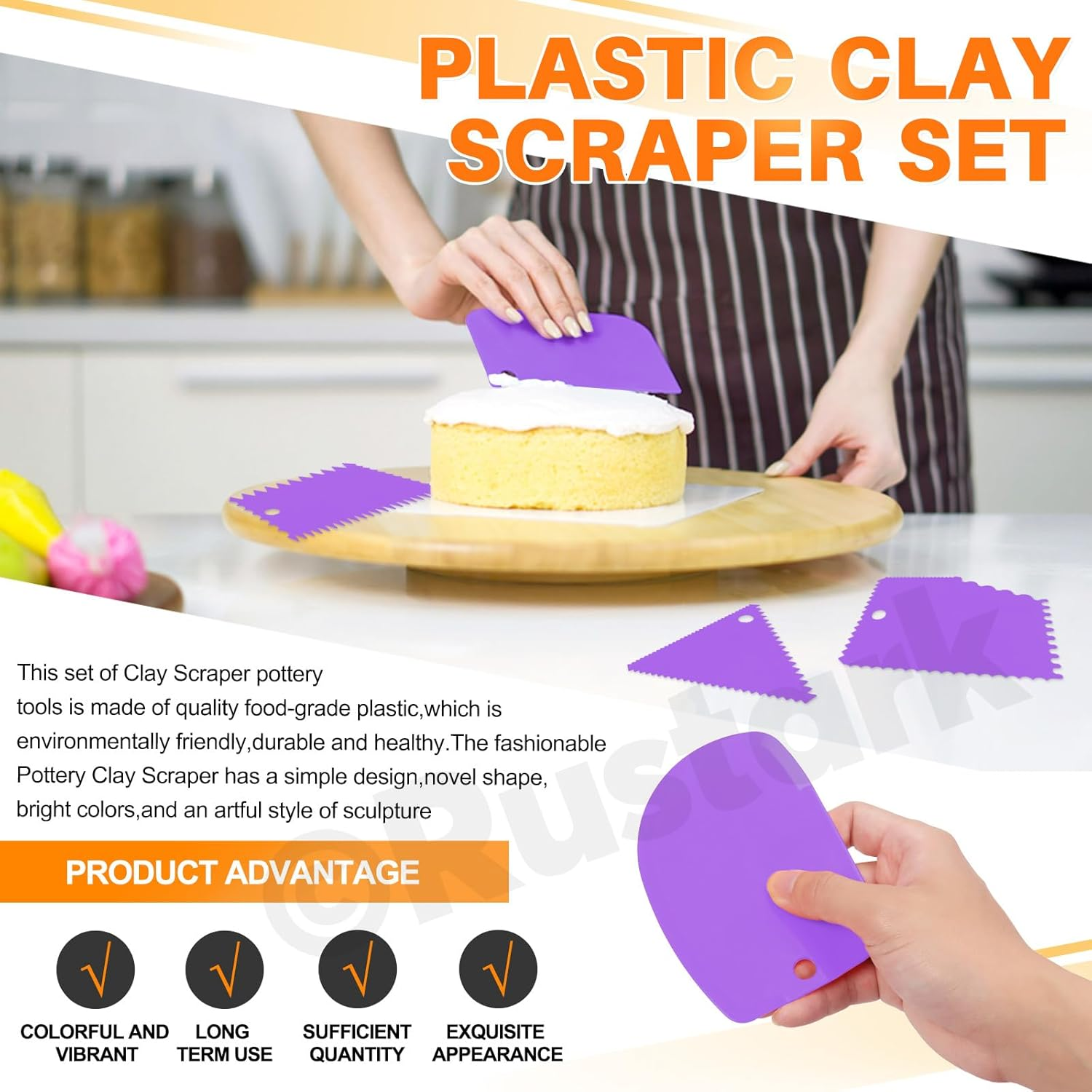 Rustark 21Pcs Purple Palette Knife Paint Scraper Set Includes 5Pcs Stainless Steel Palette Knives with 6Pcs Plastic Scrapers 10Pcs Hair and Bristle Brush Spatula Drawing Tool for Art Craft Painting - Purple image number 4