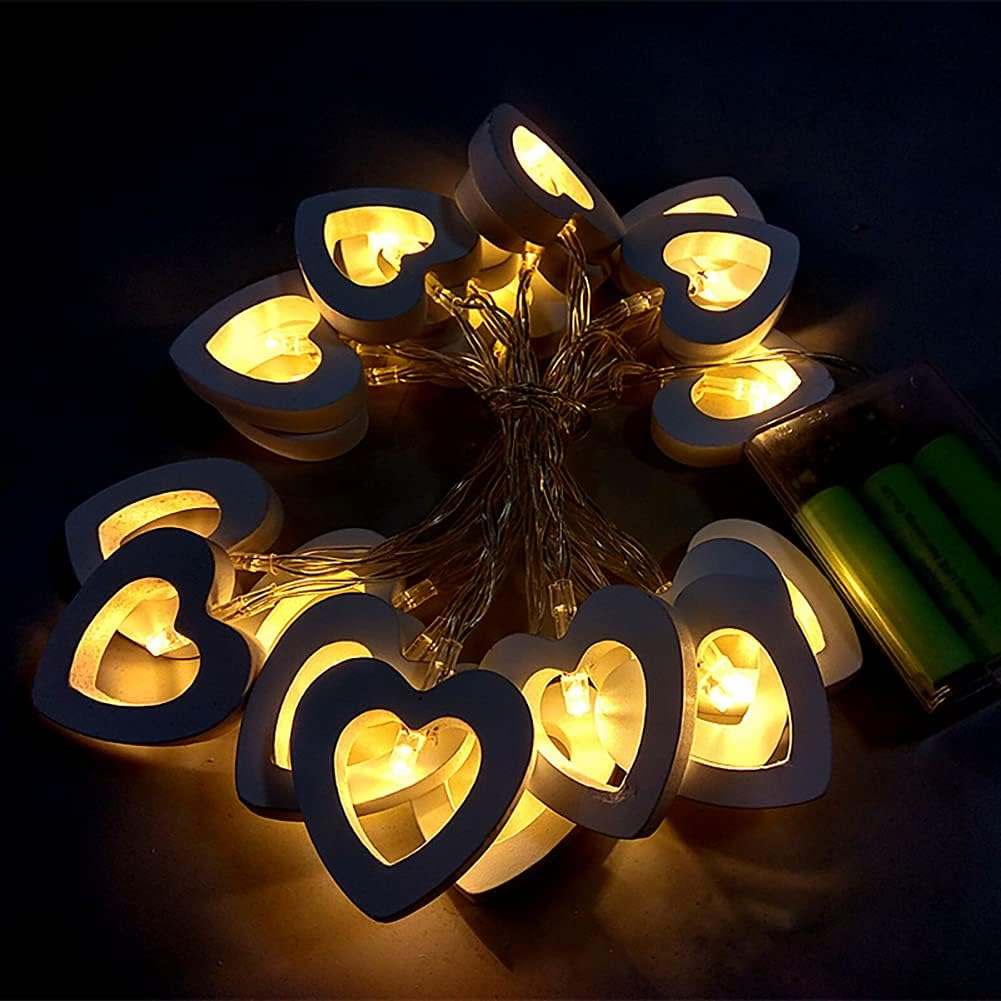 Gimuk 20 Led Warm White Wooden Heart Fairy String Light Xmas Wedding Decor Party Lighting Battery Powered (20 LED) image number 3