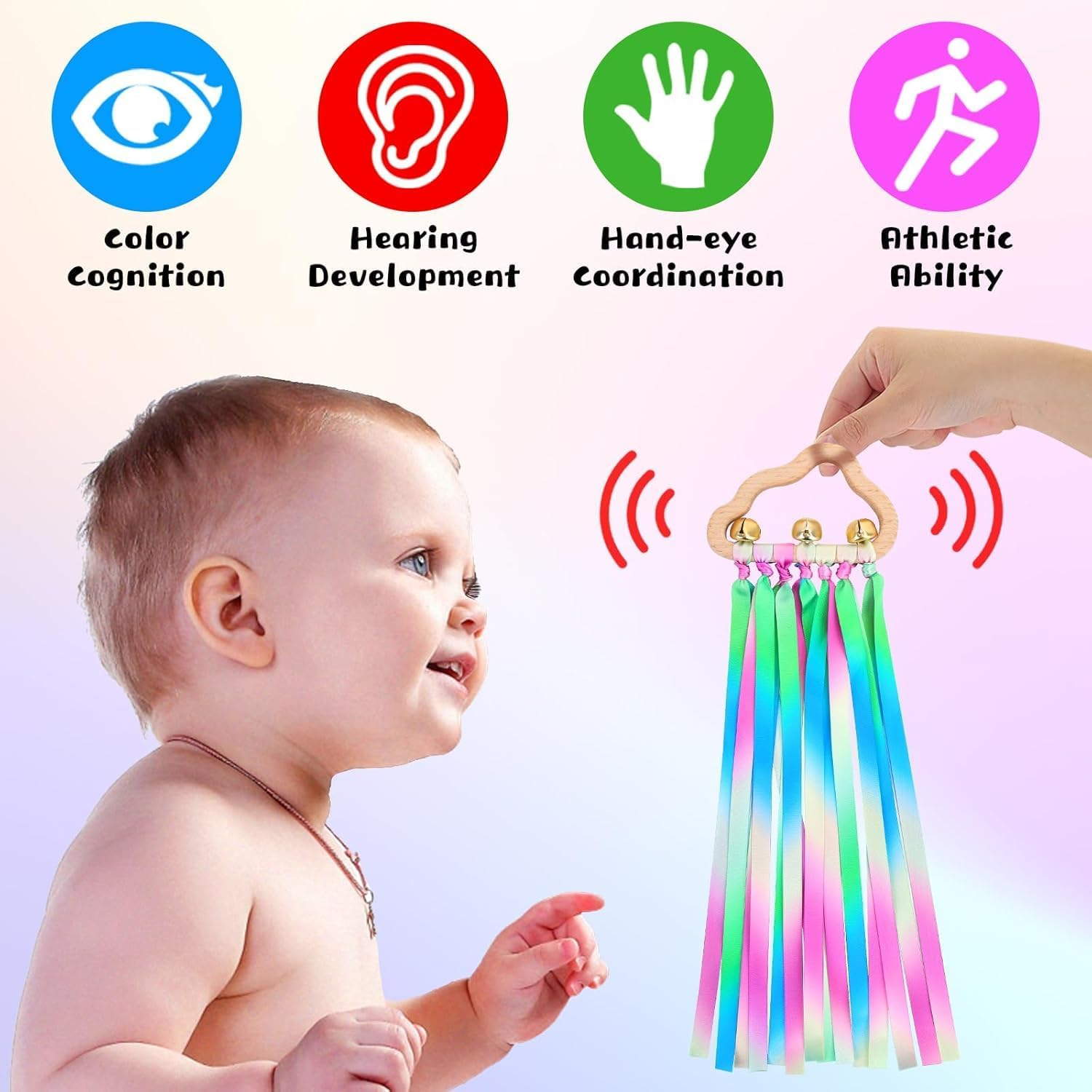 Baby Sensory Ribbon Ring Toys - 2Pcs Rainbow Ribbon Rattle Natural Wooden Ribbon Ring, Sensory Montessori Toy for 3+ Month Babies Toddler (Multicolor) - Multicolor image number 6