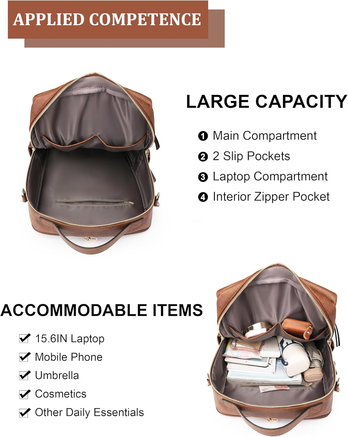 Dora & Liz Laptop Backpack for Women, Leather Travel Backpack with 15.6 Inch Laptop Compartment, College Work Computer Bag - Caramel image number 2