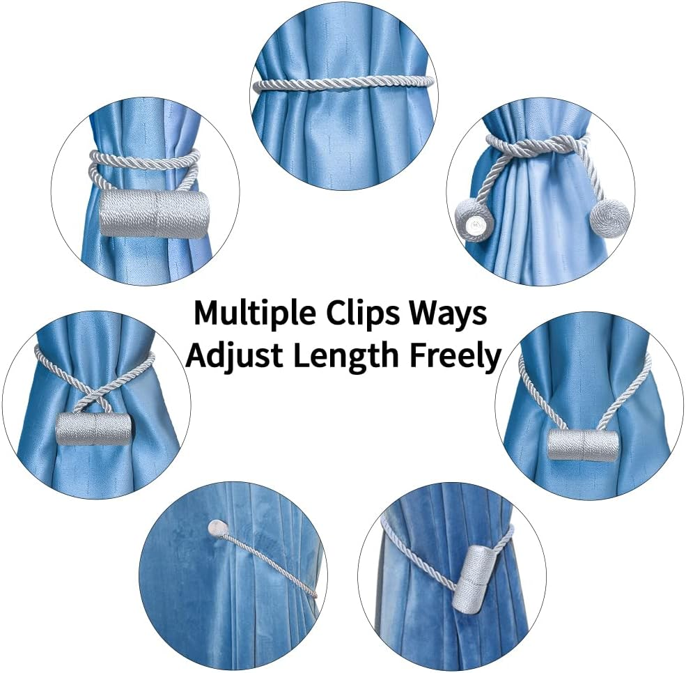 18 Inch Strong Magnetic Curtain Tiebacks, Curtain Holdbacks Modern Upgrade Strong 2021 New Twisted Style Decorative Drapery Rope ​Tie Backs(4 Pack Silver Grey) - 4, Beige image number 3