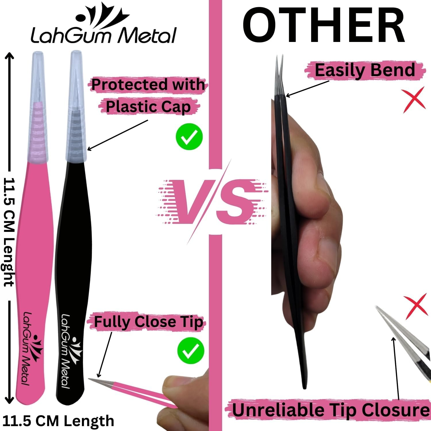 Ultra Fine Sharp Pointed Tweezers Precision, Needle Nose Pointy Tweezers for Ingrown Hair Removal Kit Thin Tweezers Precision Point Tip Eyebrow Tweezers for Women Facial Hair (Black & Pink, 2-Piece) image number 2