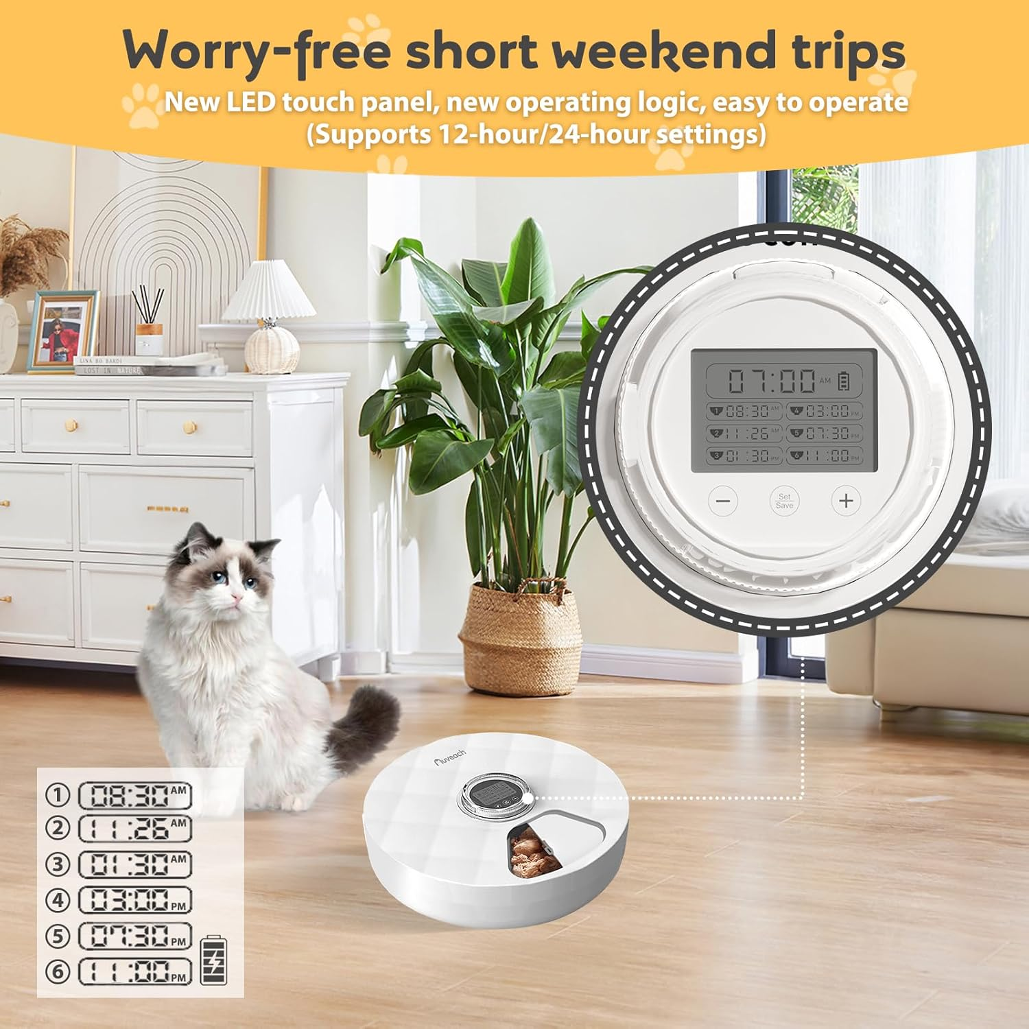 Automatic Cat Feeder for Wet/Dry Food, Auto Pet Feeder with Stainless Steel Tray, 6 Meals Cat Food Dispenser with 2 Ice Packs for Cats & Small Dogs image number 1