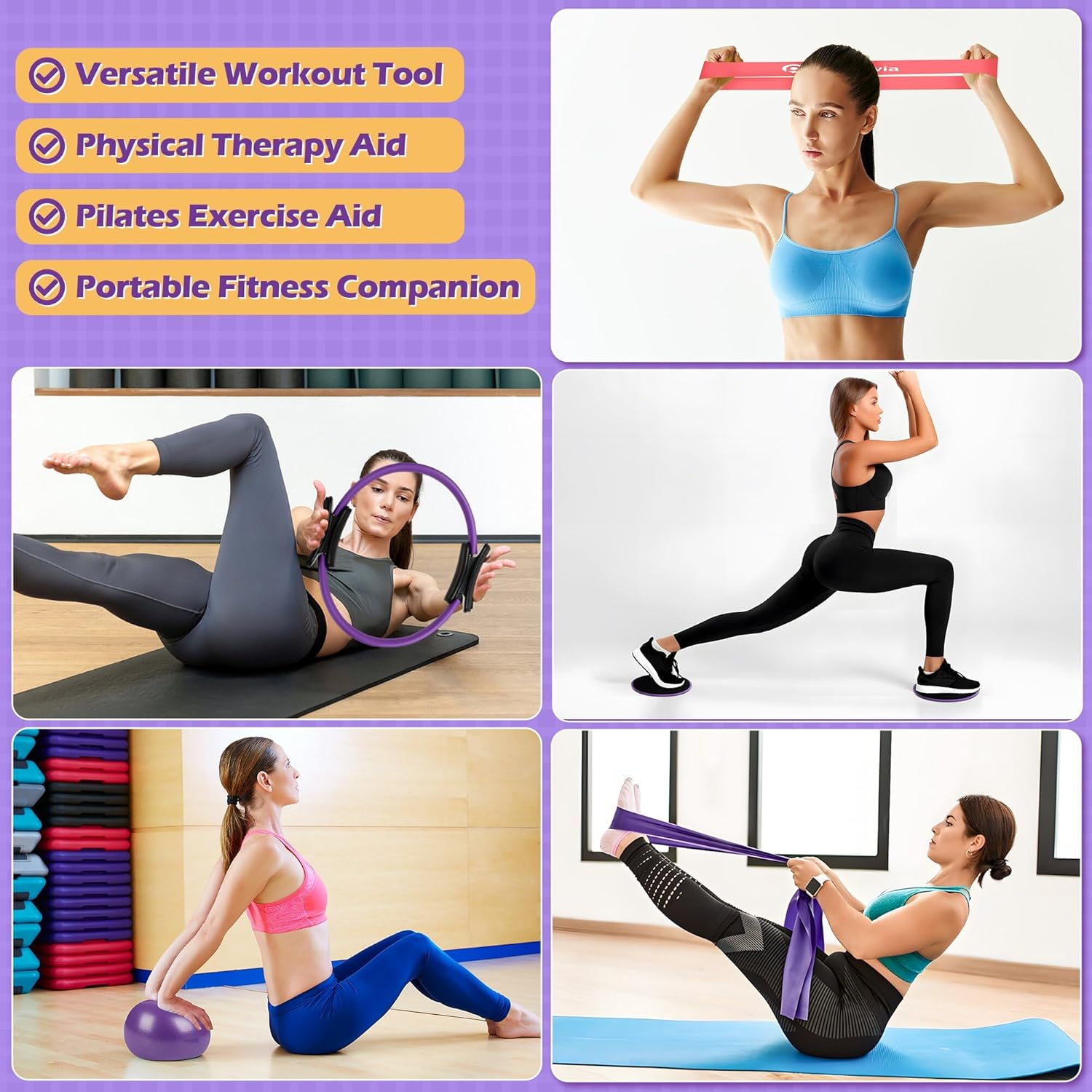 Alerrawia Pilates Ring Set-For Home Exercise - Anti-Deformation Magic Circle with Padded Handles.Sliding Disc.Resistance Bands 8-Piece Set,Ball. Guide & Bag - Purple image number 6