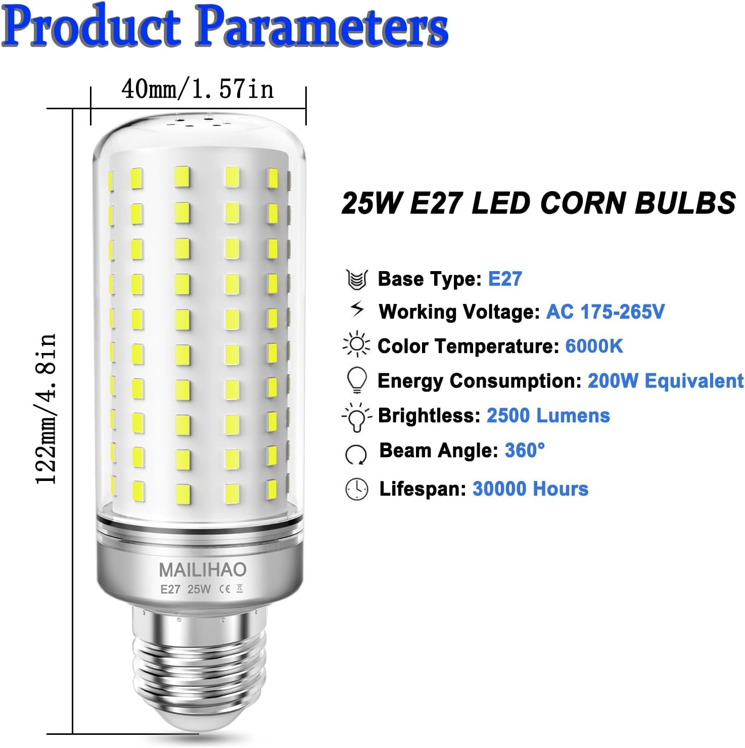 MAILIHAO 1 Pack E27 LED Corn Bulb, 25W Cool White 6000K, 2500LM, 200W Incandescent Bulb Equivalent, 360 Angle, Edison Screw Bulbs, Non-Dimmable