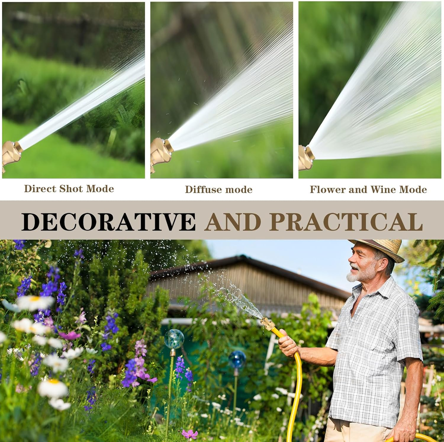 2PCS Brass Hose Nozzle, Adjustable Hoses Sprayer, Twist Hose Nozzles for Garden, Multifunctional Hoses Attachment for Cars, Plants, Pets, Garden Tools (3 Use Modes) (Golden) image number 1