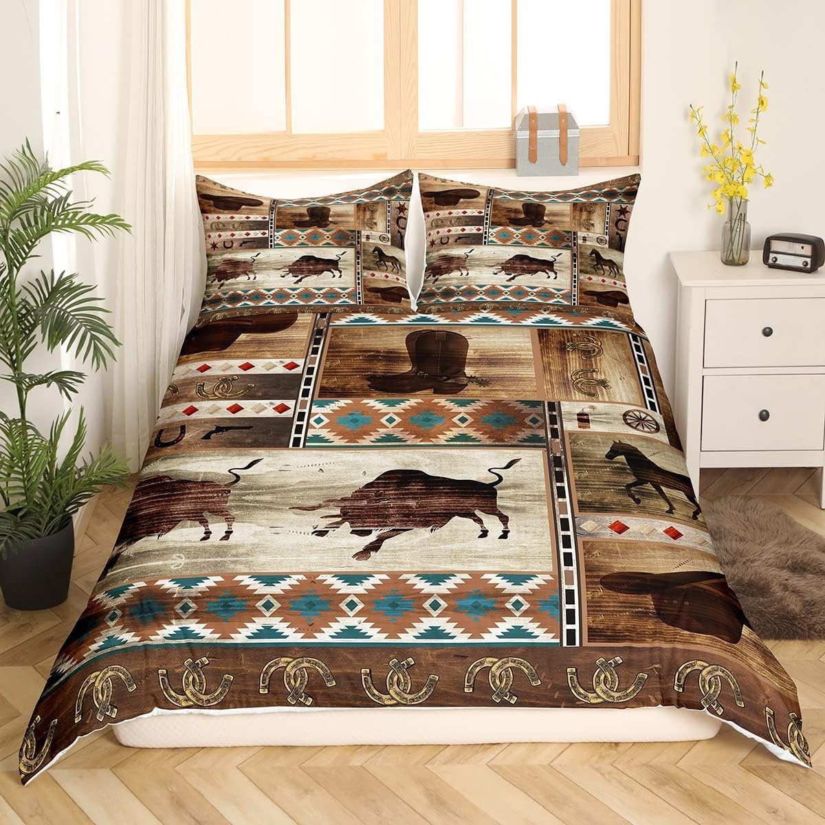 Western Cowboy Bed Linen Sets Bull Horse 155 X 220 Cm Duvet Cover for Boys Men Boho Aztec Comforter Cover Rustic Farmhouse Horseshoe Bed Set 1 Pillowcase Retro Brown Southwestern Room Decor image number 4