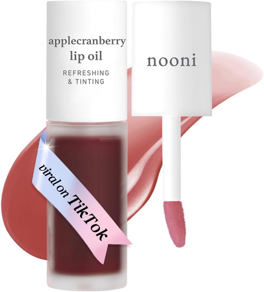 NOONI Vegan Korean Appleseed Lip Oil - Applewine | Lip Stain Long Lasting Hydration, Plumping, Moisturizing for Dry Lips, Grape Seed Oil, Lip Gloss Makeup, 0.12 Fl. Oz. Deep Red, Gifts for Women