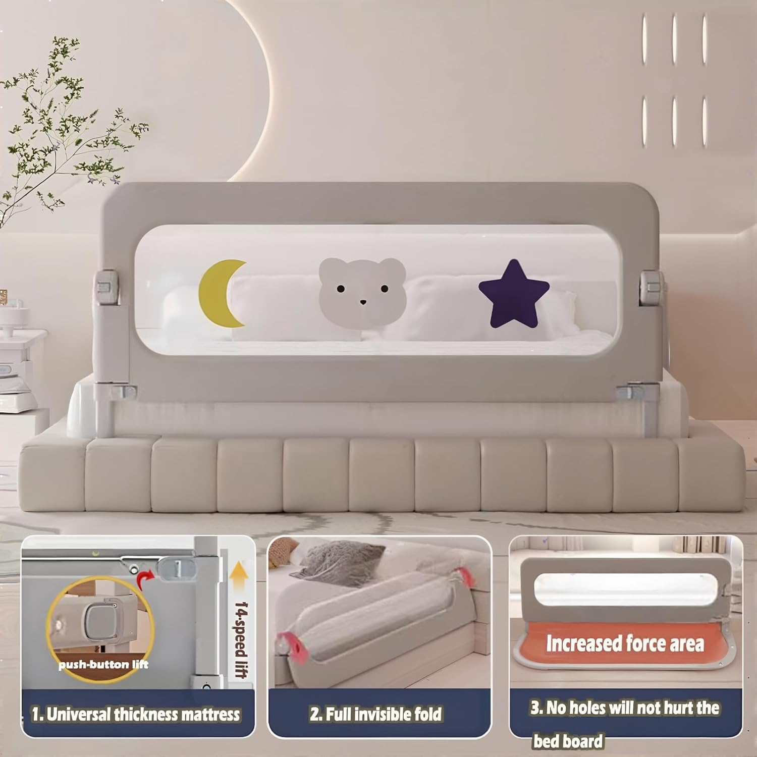 Toddler Bed Rails Guard, 1.8M/70.9In Foldable Crib Rail Guard Height Adjustable Baby Bed Rail Guard, Kids' Bed Rails with Breathable Mesh Infant Bed Rail Guard, Bed Rails Guard for Baby (1.8M) image number 2