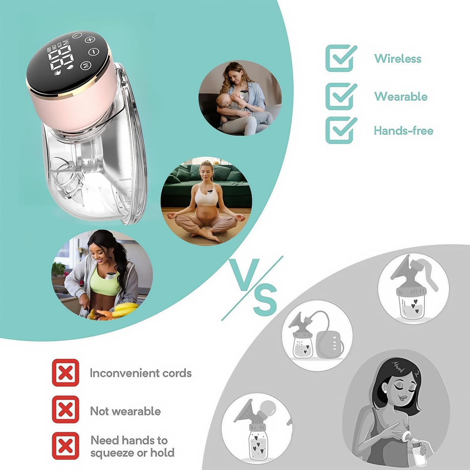 Wearable Electric Breast Pump, LED Display, Hands-Free, Portable Breastfeeding, Comfortable Flange 17Mm,19Mm,21Mm,24Mm Insert, 3 Mode and 9 Level Portable Electric Pump. Suitable for All Breasts. image number 3