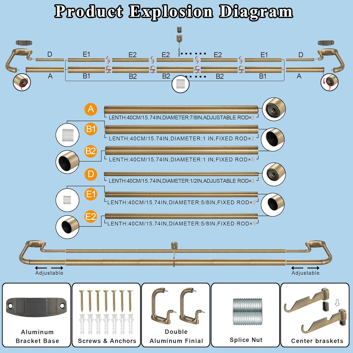 Mayrhyme Double Curtain Rods, Wrap around Curtain Rod for Windows, Internal Splicing 1'' Front and 5/8'' Back Adjustable Curtain Rod with Aluminum Finials and Brackets (Antique Bronze, 28-120") image number 4