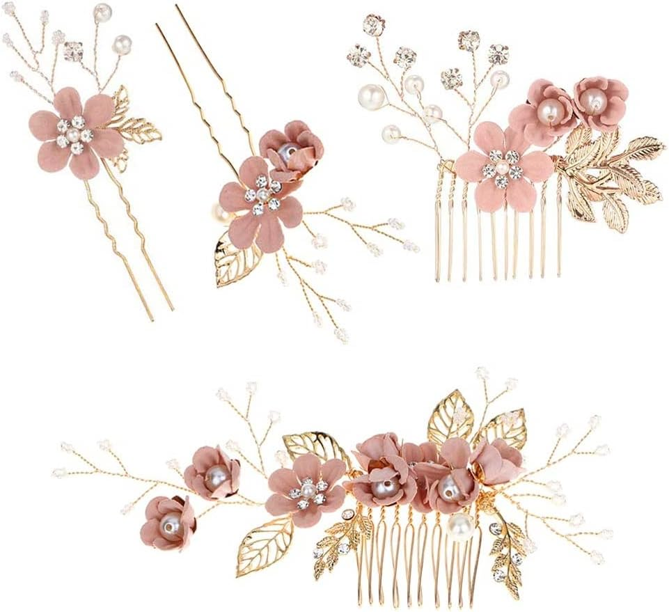 KOMUNJ Set of 4 Hair Comb Wedding Bridal Hair Accessories Wedding Hair Comb Pearl Flower Bridal Hair Accessories Rhinestone for the Bride Bridesmaid - Pink Flower image number 5