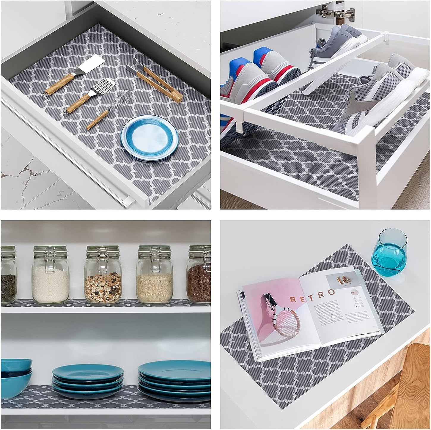Drawer Liner 17.4&times;236.2In, Non-Adhesive Shelf Liner Quatrefoil Printing EVA Washable Fridge Mats Roll for Kitchen Cabinets Tableware image number 2