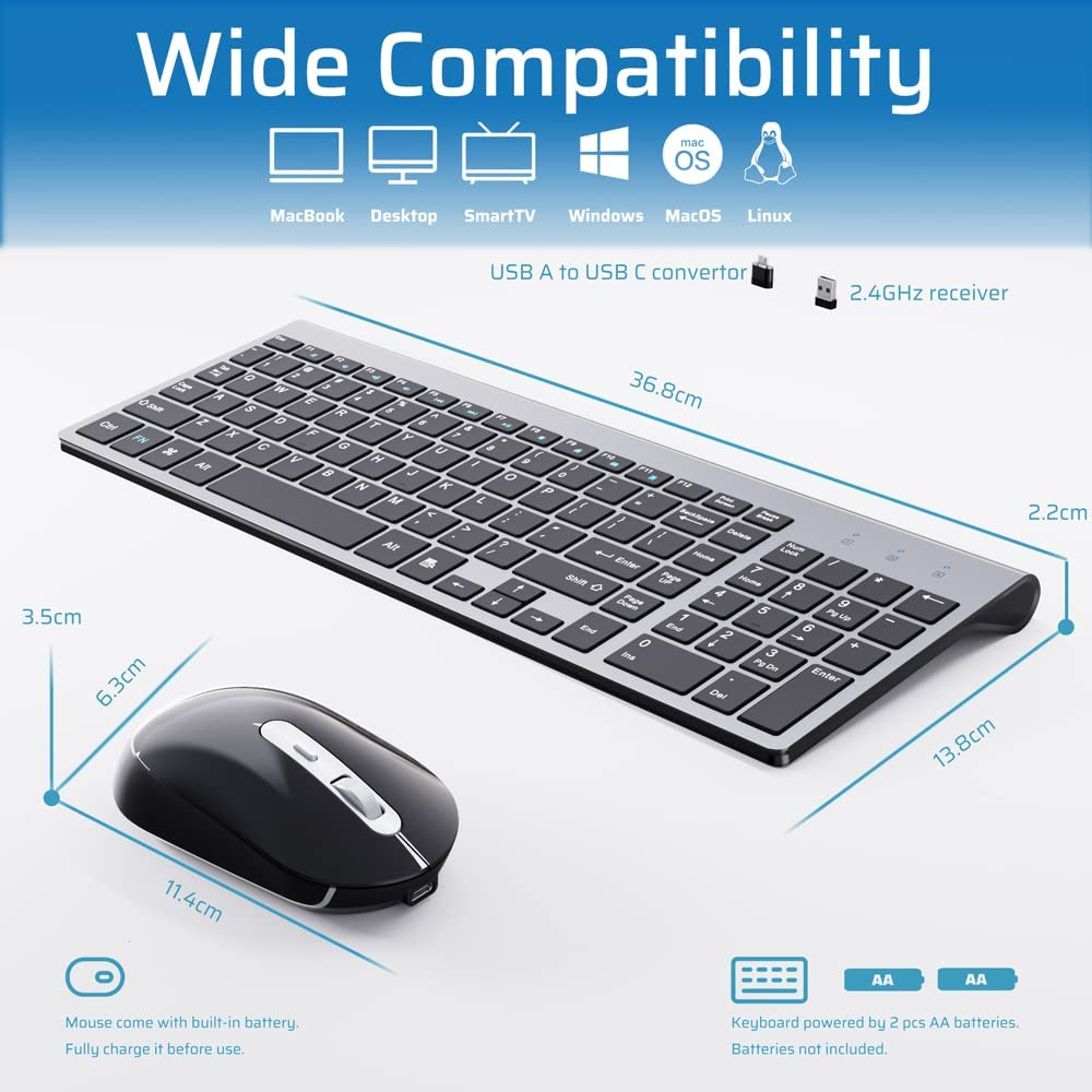 Wireless Keyboard and Mouse,Ultra Thin Sleek Design Keyboard and Mouse 2.4G with USB a & Type C Receiver Wireless Keyboard and Mouse Combo for Windows MAC, Computer, Desktop, Laptop image number 1